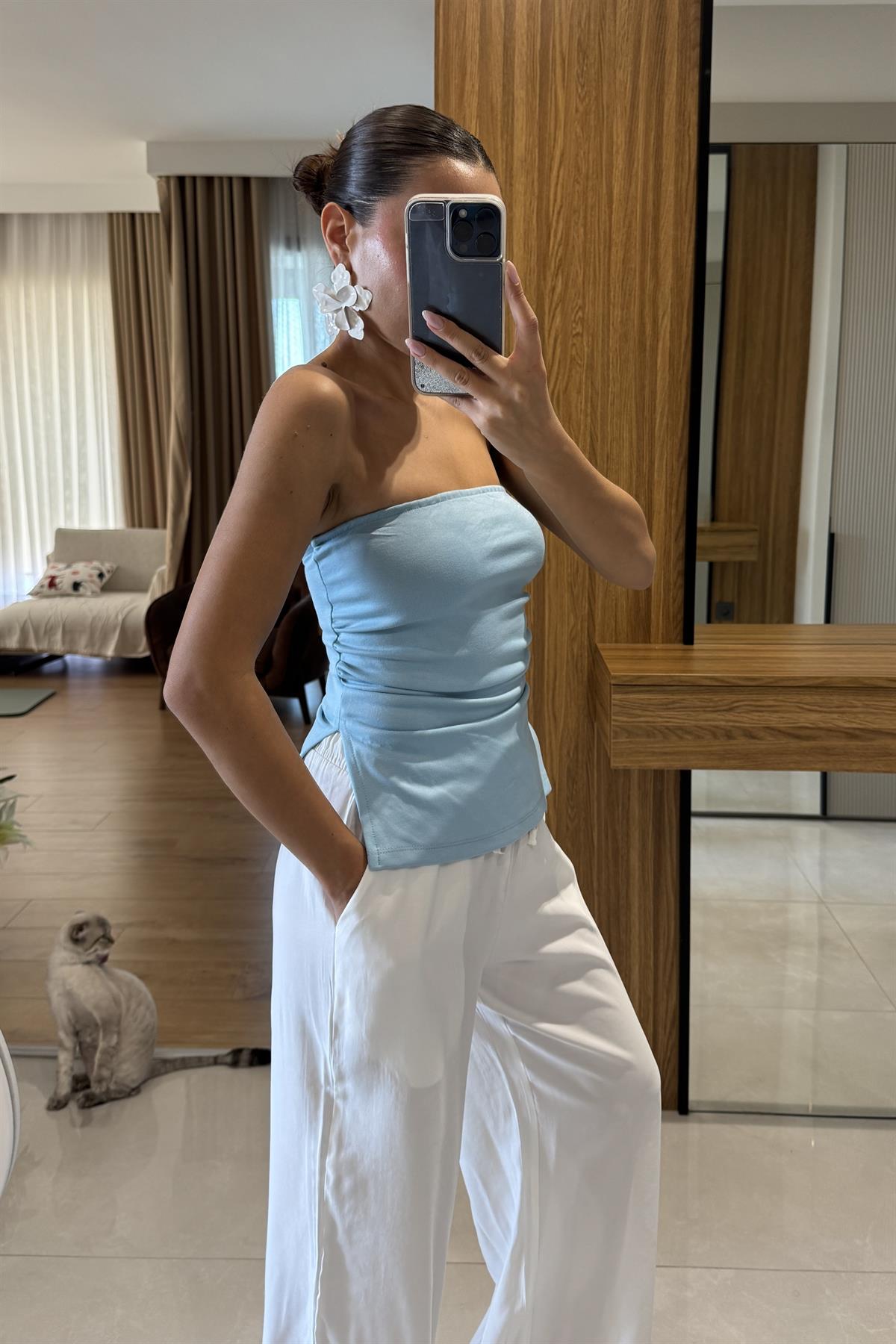 Frieda Mavi Straplez Drapeli Crop