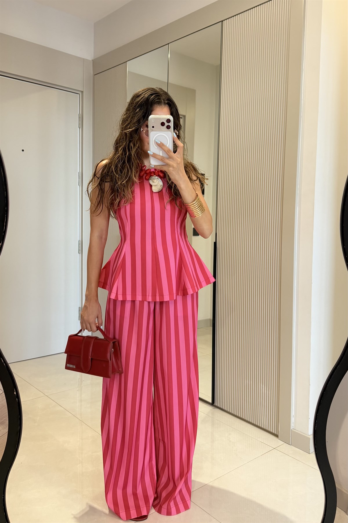 Frieda Pembe-Kırmızı Çizgili Pinterest Takım