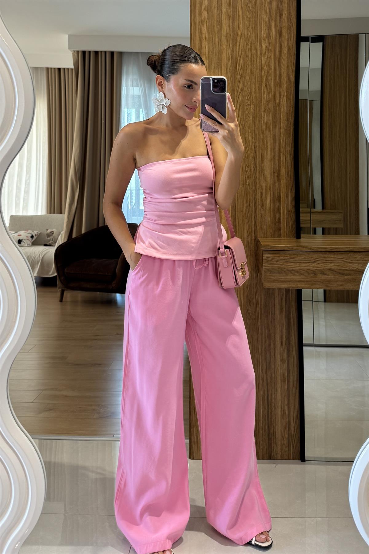 Frieda Pembe Straplez Drapeli Crop