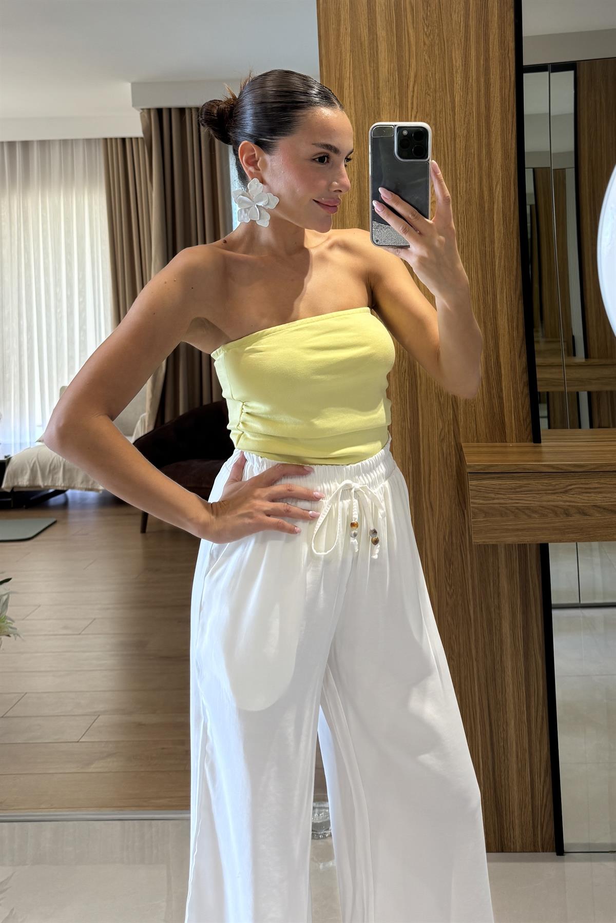 Frieda Sarı Straplez Drapeli Crop