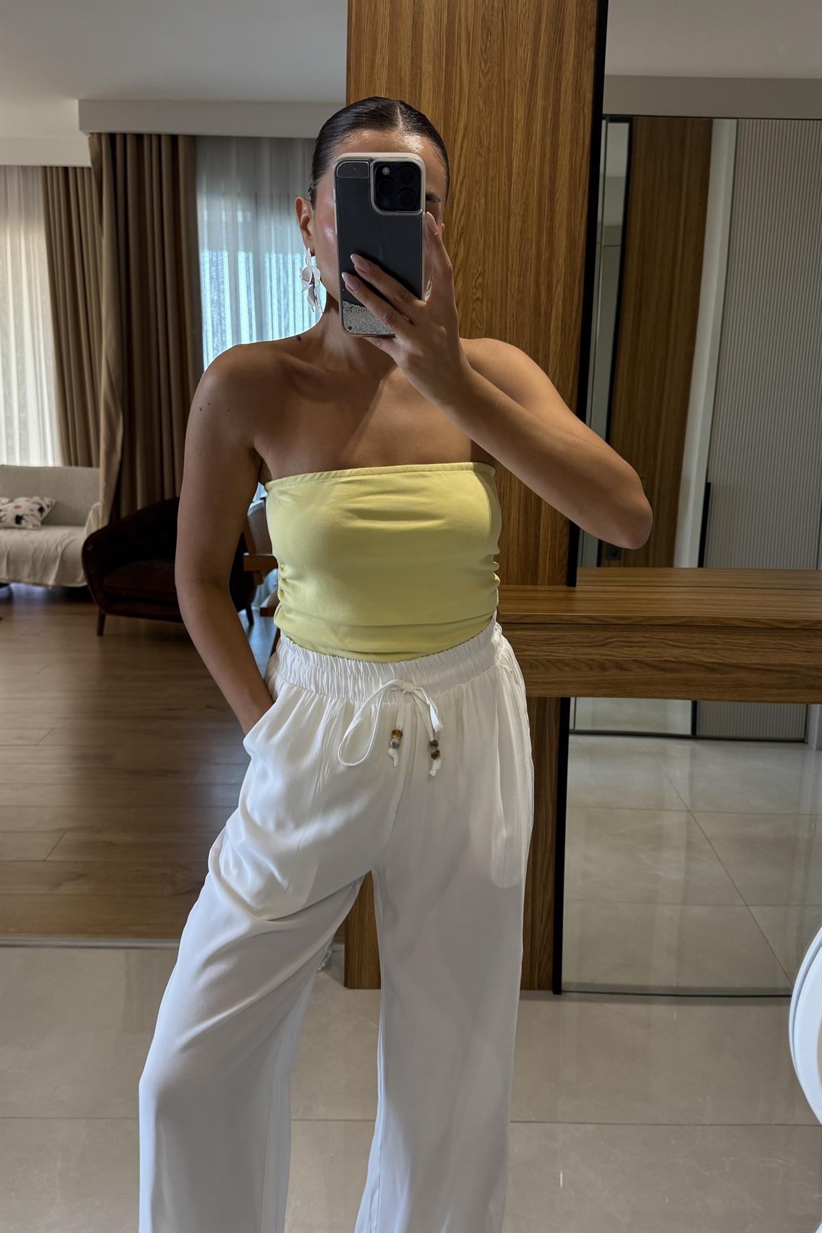 Frieda Sarı Straplez Drapeli Crop