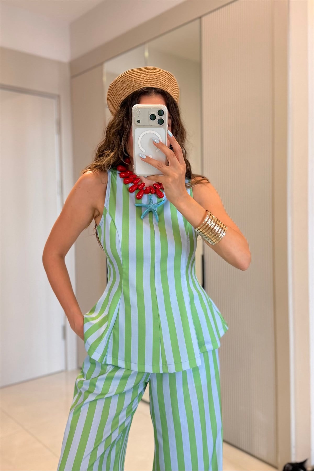 Frieda Yeşil-Mavi Çizgili Pinterest Takım