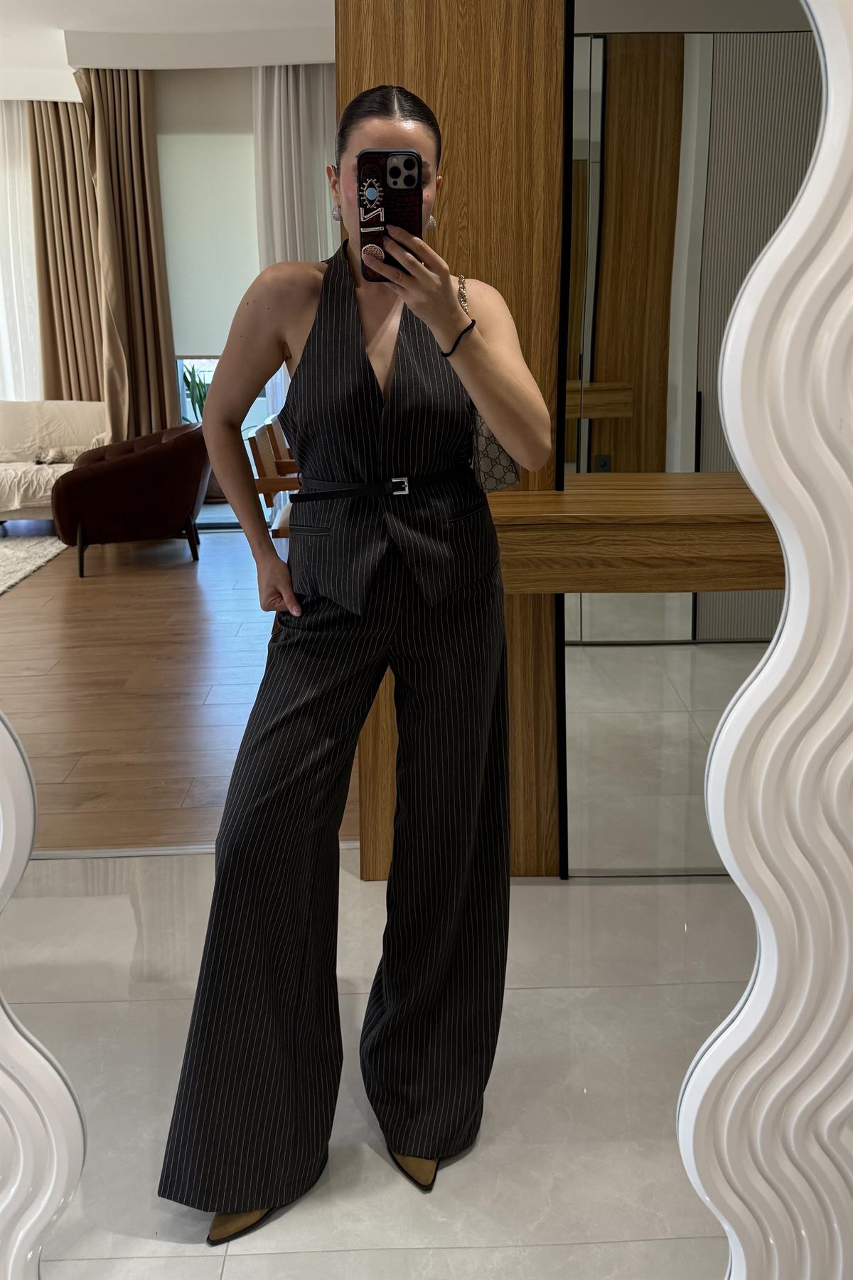 Front Füme Yelekli Kemerli Çizgili Takım