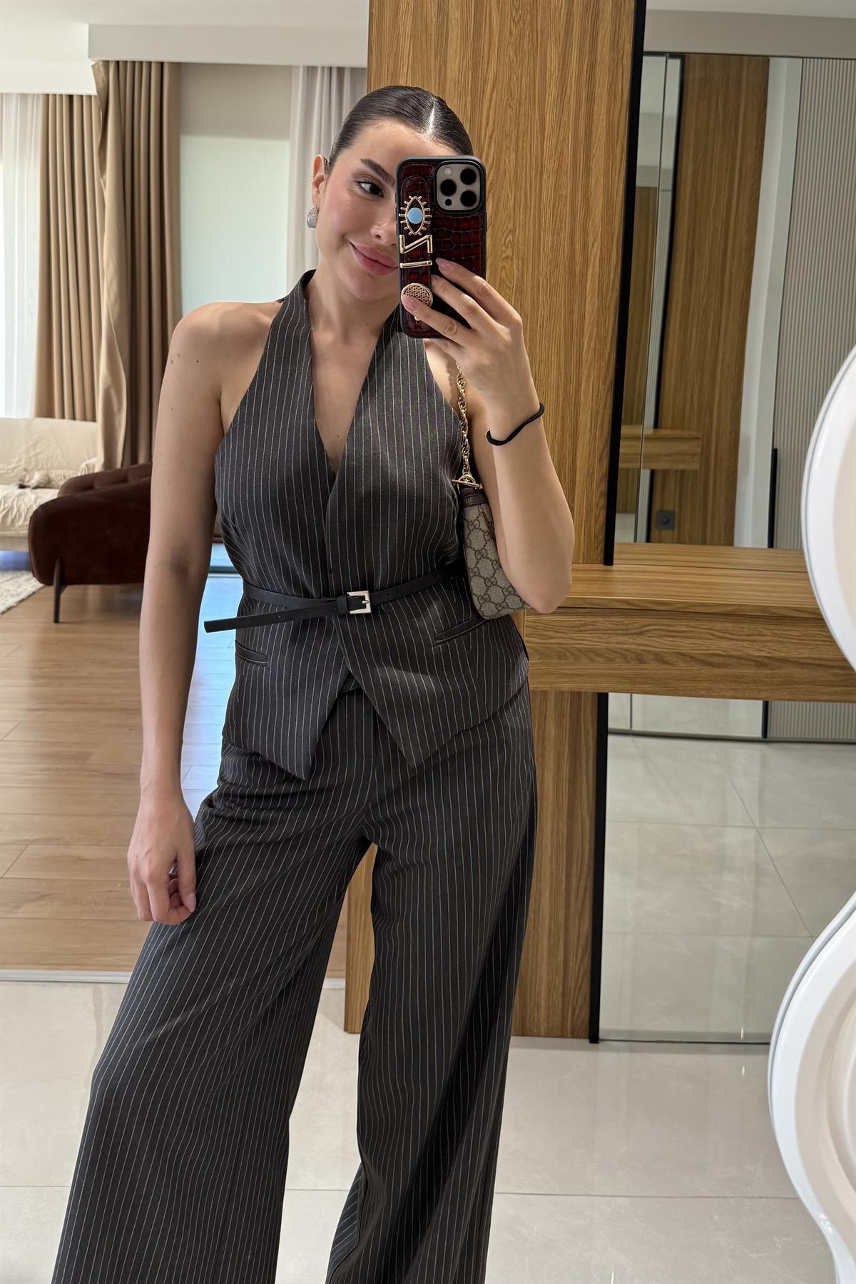 Front Füme Yelekli Kemerli Çizgili Takım