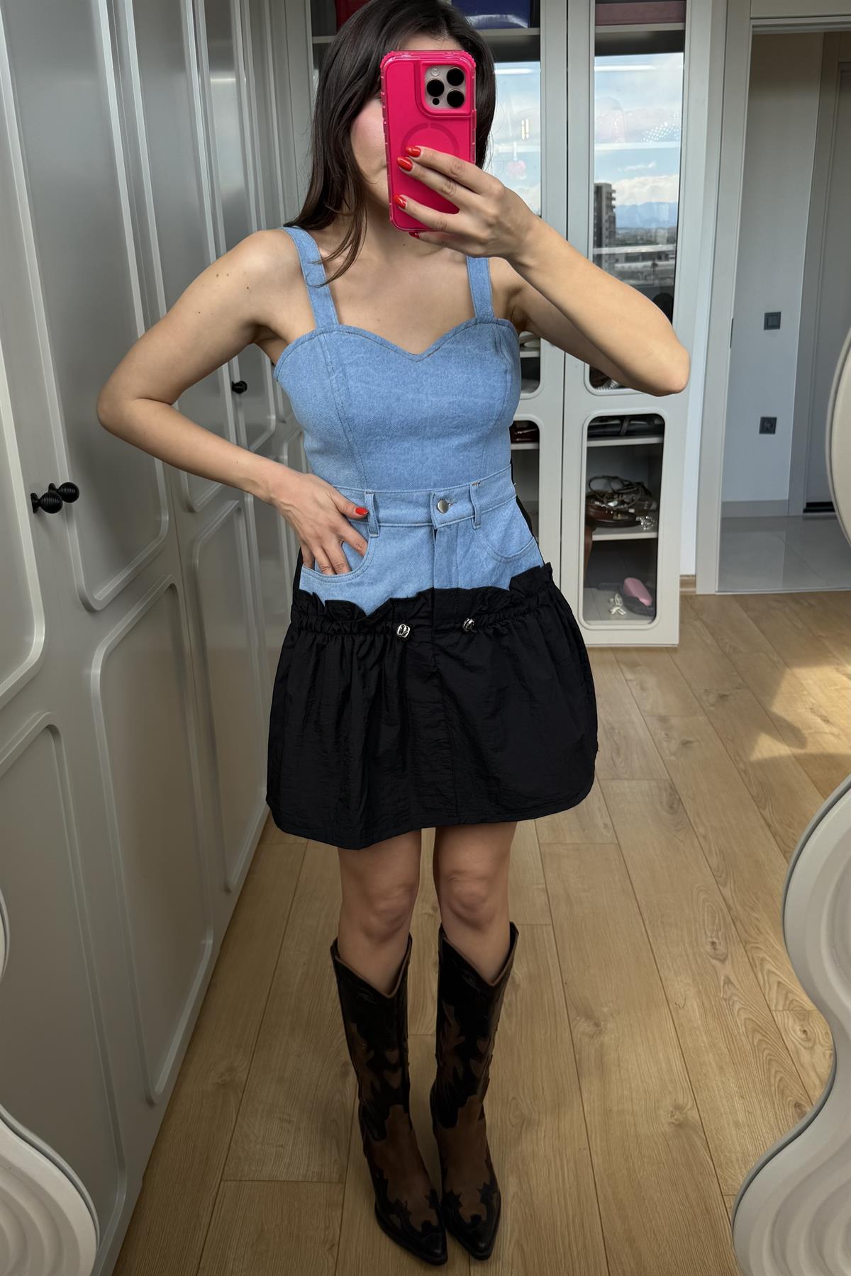Fuente Kalp Yaka Denim Crop