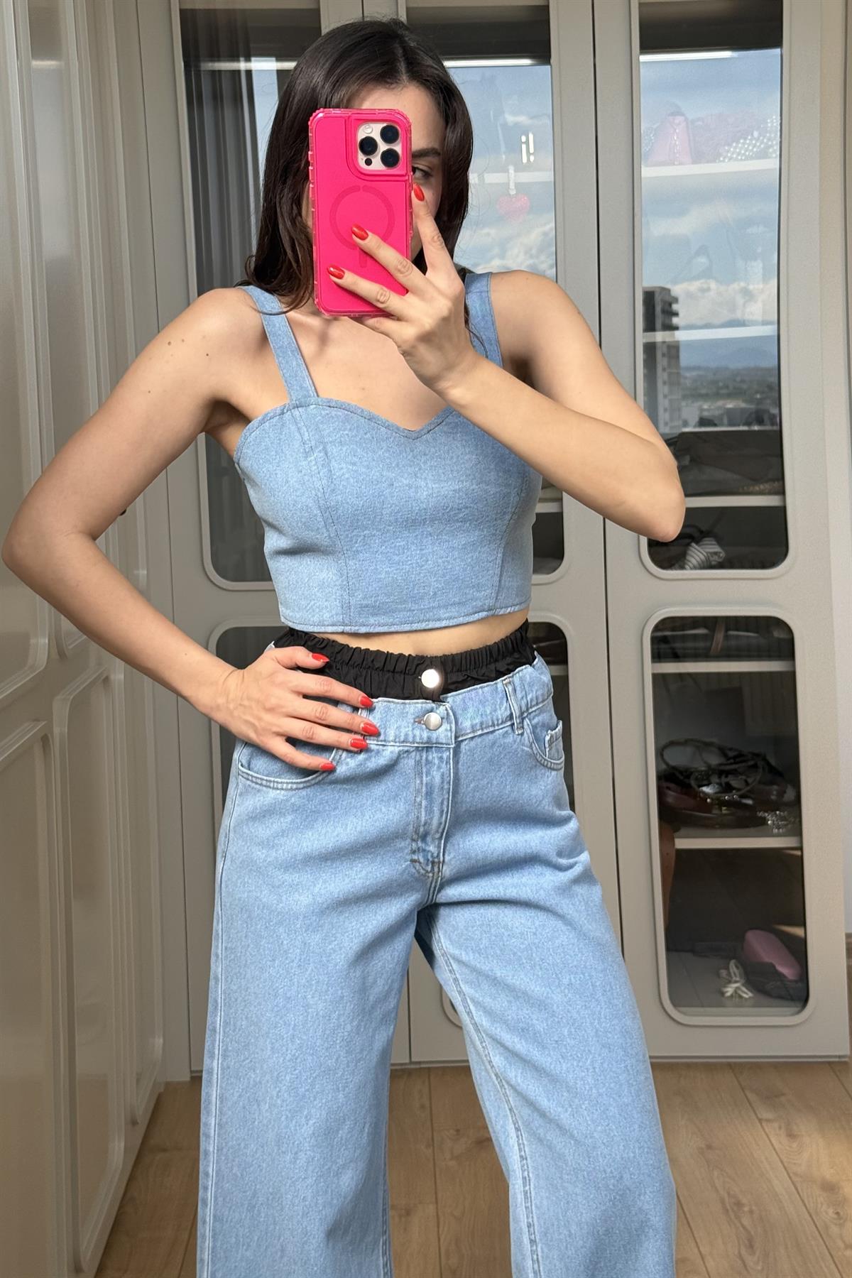 Fuente Kalp Yaka Denim Crop