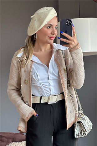 Full taş işlemeli örme hırka