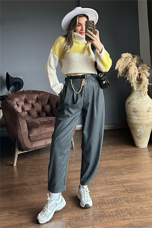 Füme çizgili slouchy pantolon