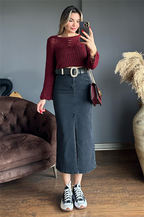 Füme yırtmaçlı kot kalem etek