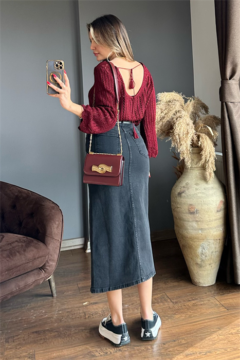 Füme yırtmaçlı kot kalem etek