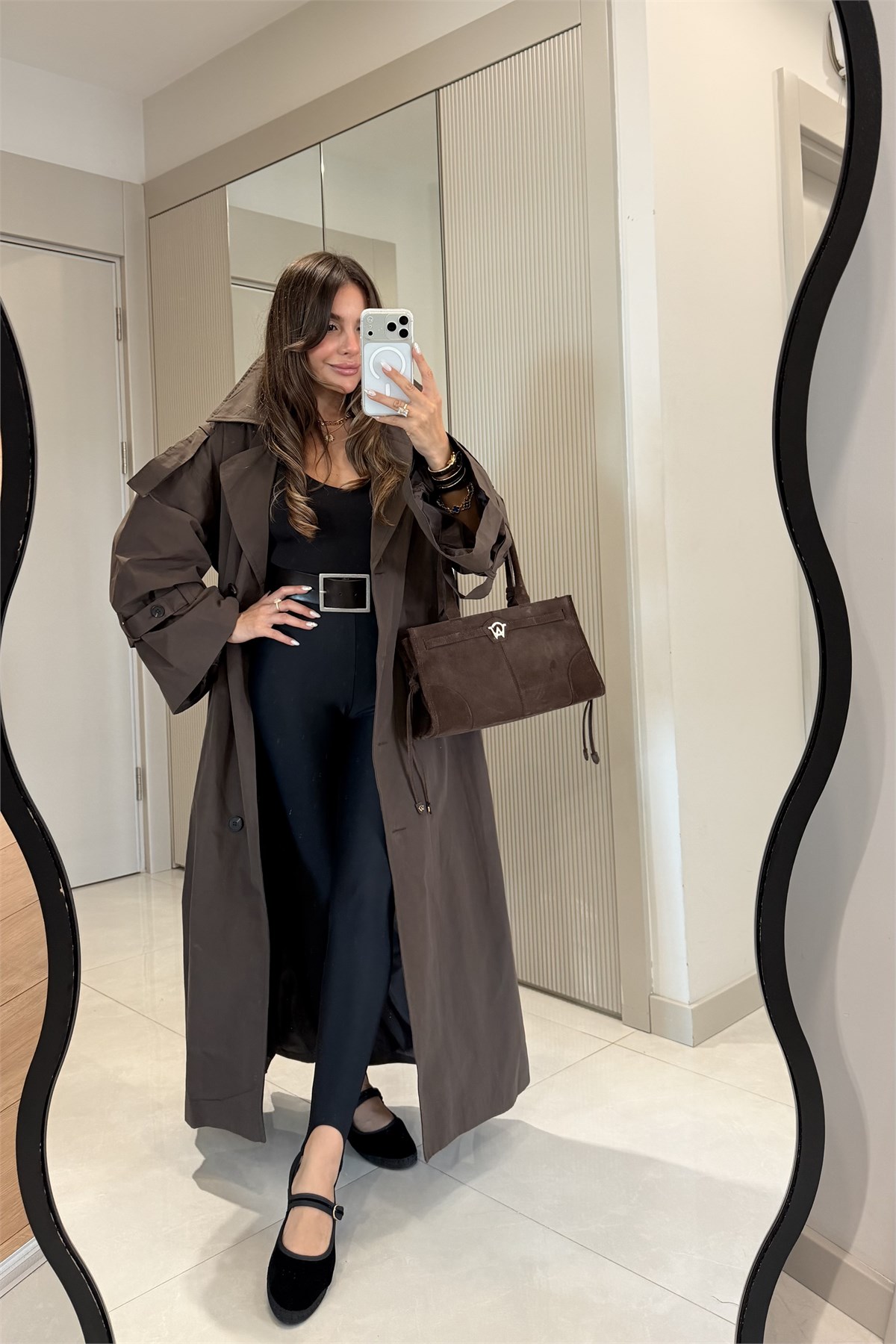 Funs Acı Kahve Kuşaklı Premium Oversize Trenç