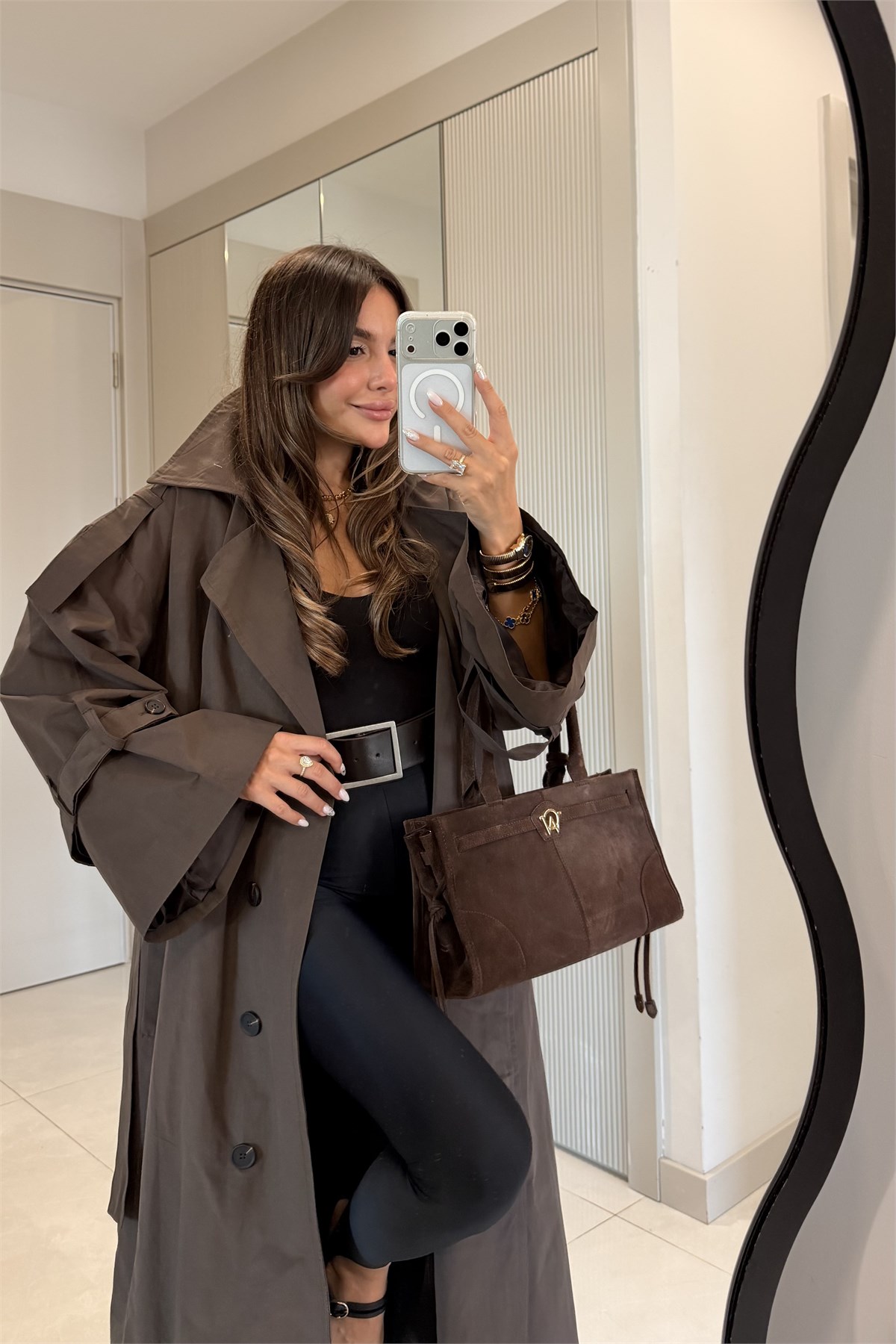 Funs Acı Kahve Kuşaklı Premium Oversize Trenç