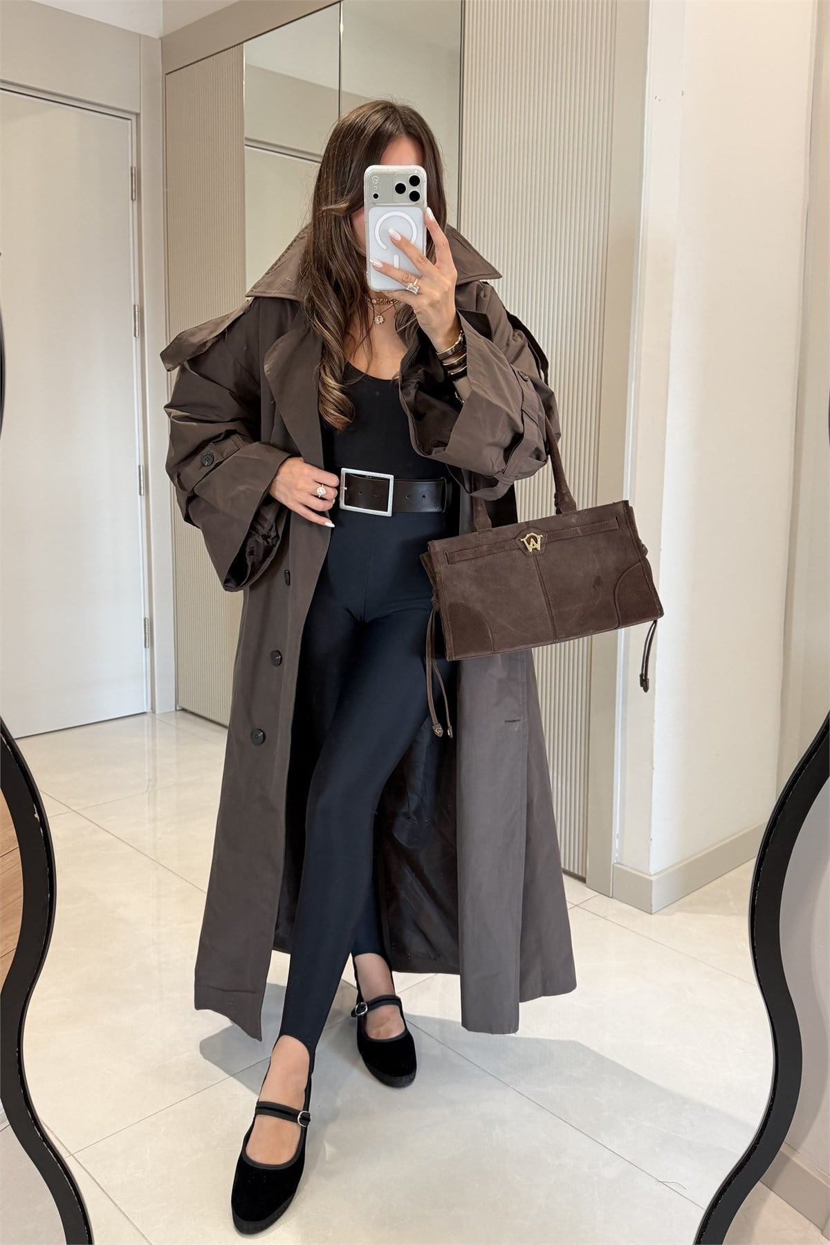 Funs Acı Kahve Kuşaklı Premium Oversize Trenç