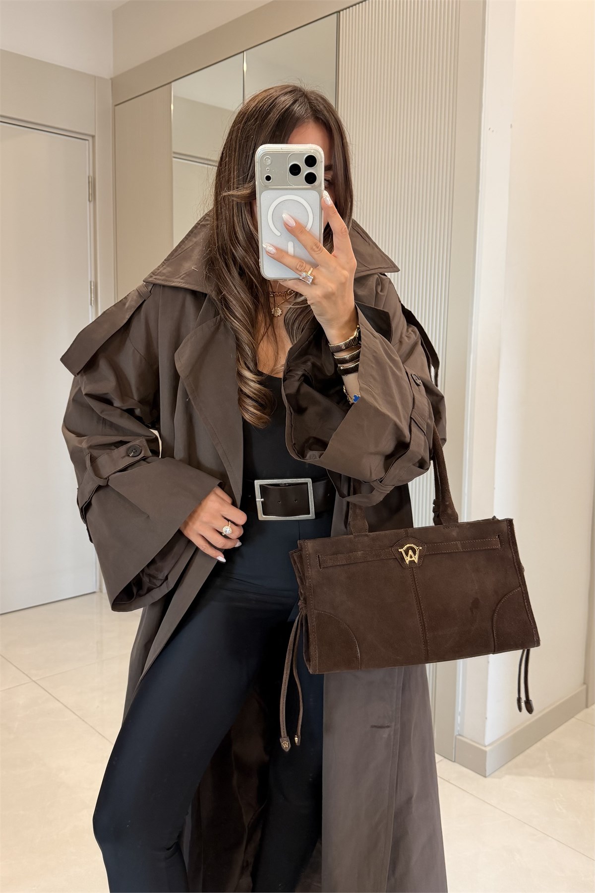 Funs Acı Kahve Kuşaklı Premium Oversize Trenç