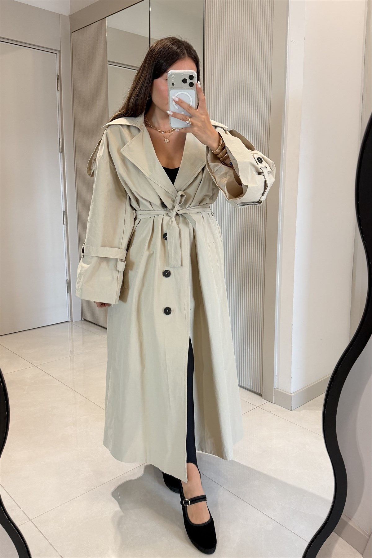 Funs Bej Kuşaklı Premium Oversize Trenç