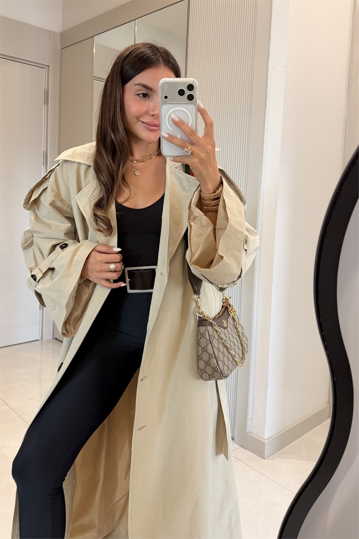 Funs Bej Kuşaklı Premium Oversize Trenç