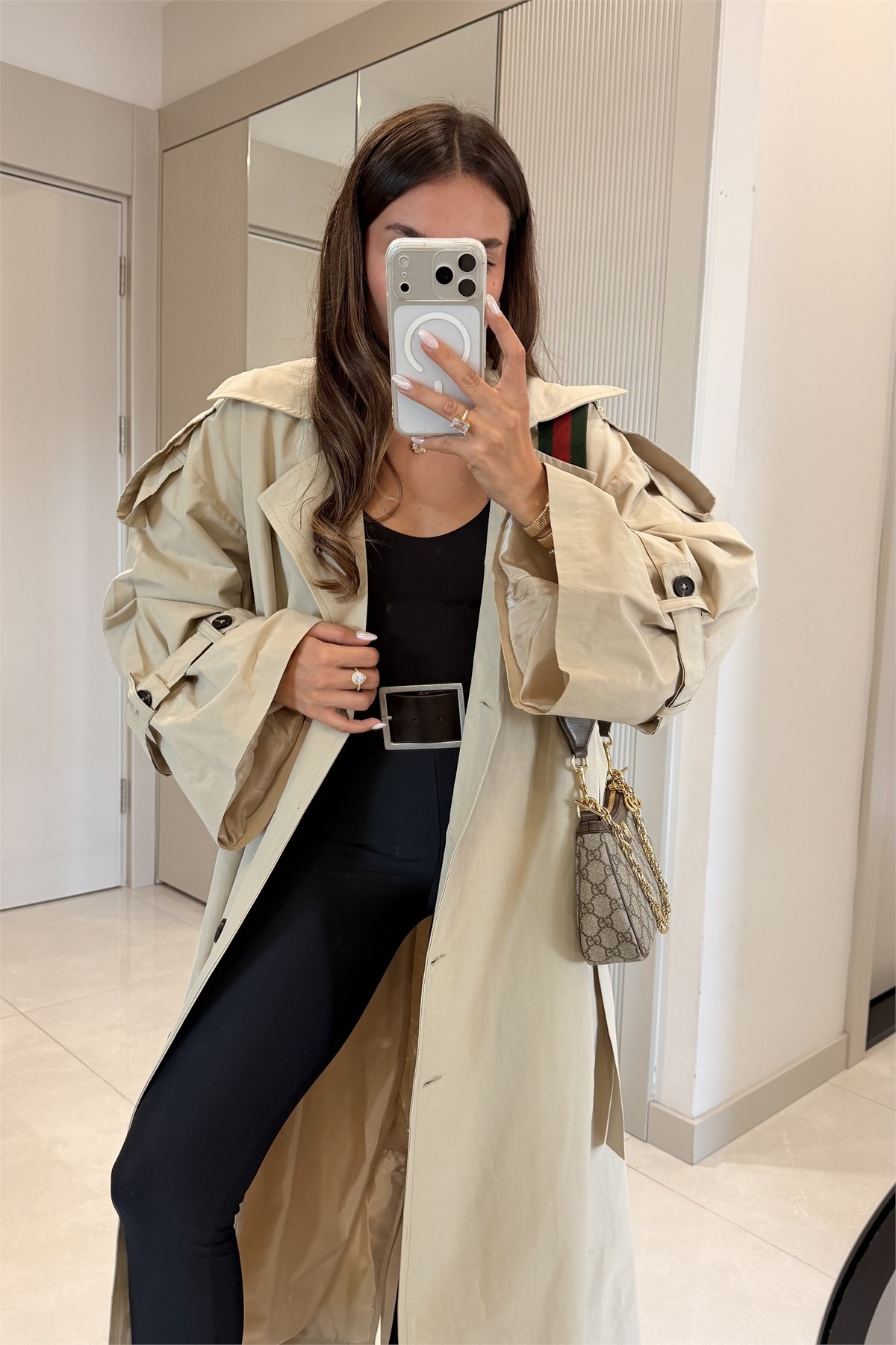 Funs Bej Kuşaklı Premium Oversize Trenç