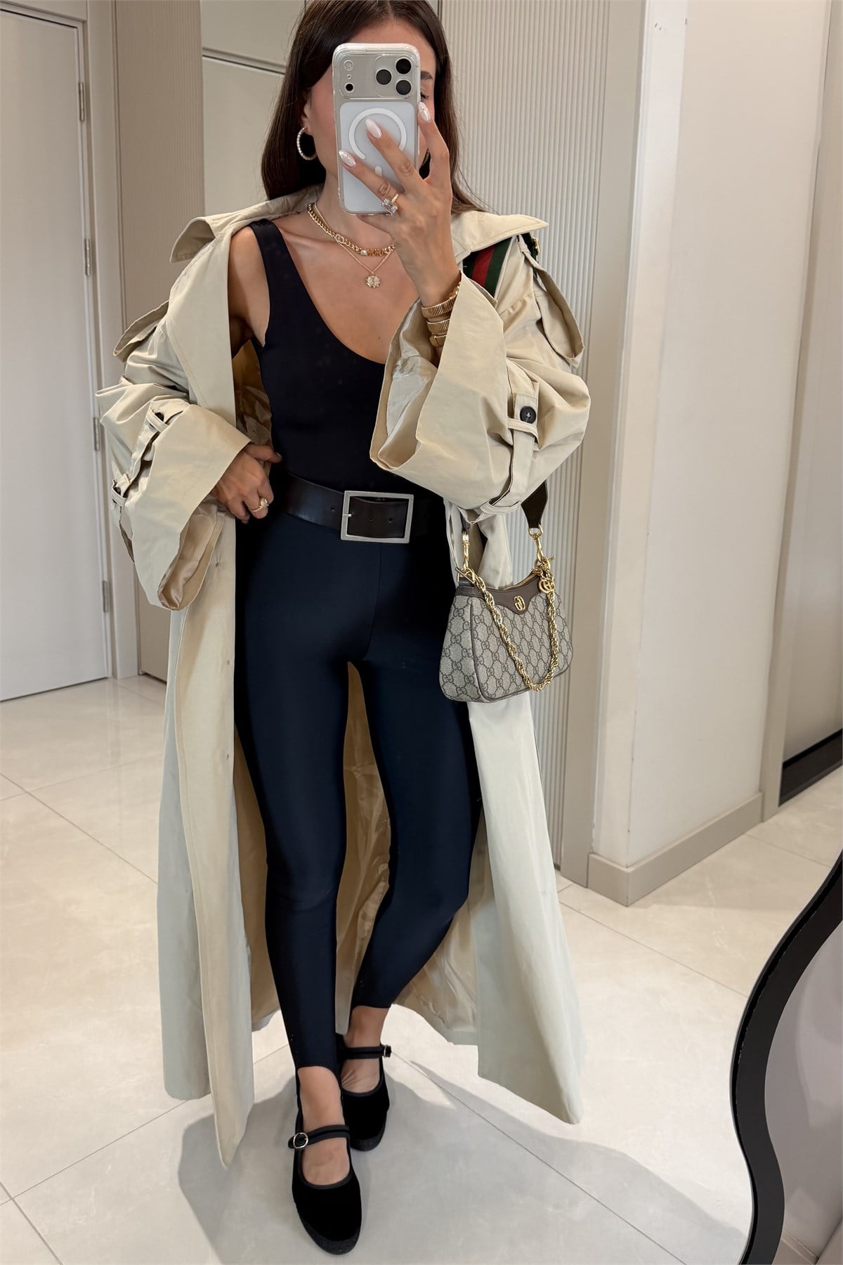 Funs Bej Kuşaklı Premium Oversize Trenç