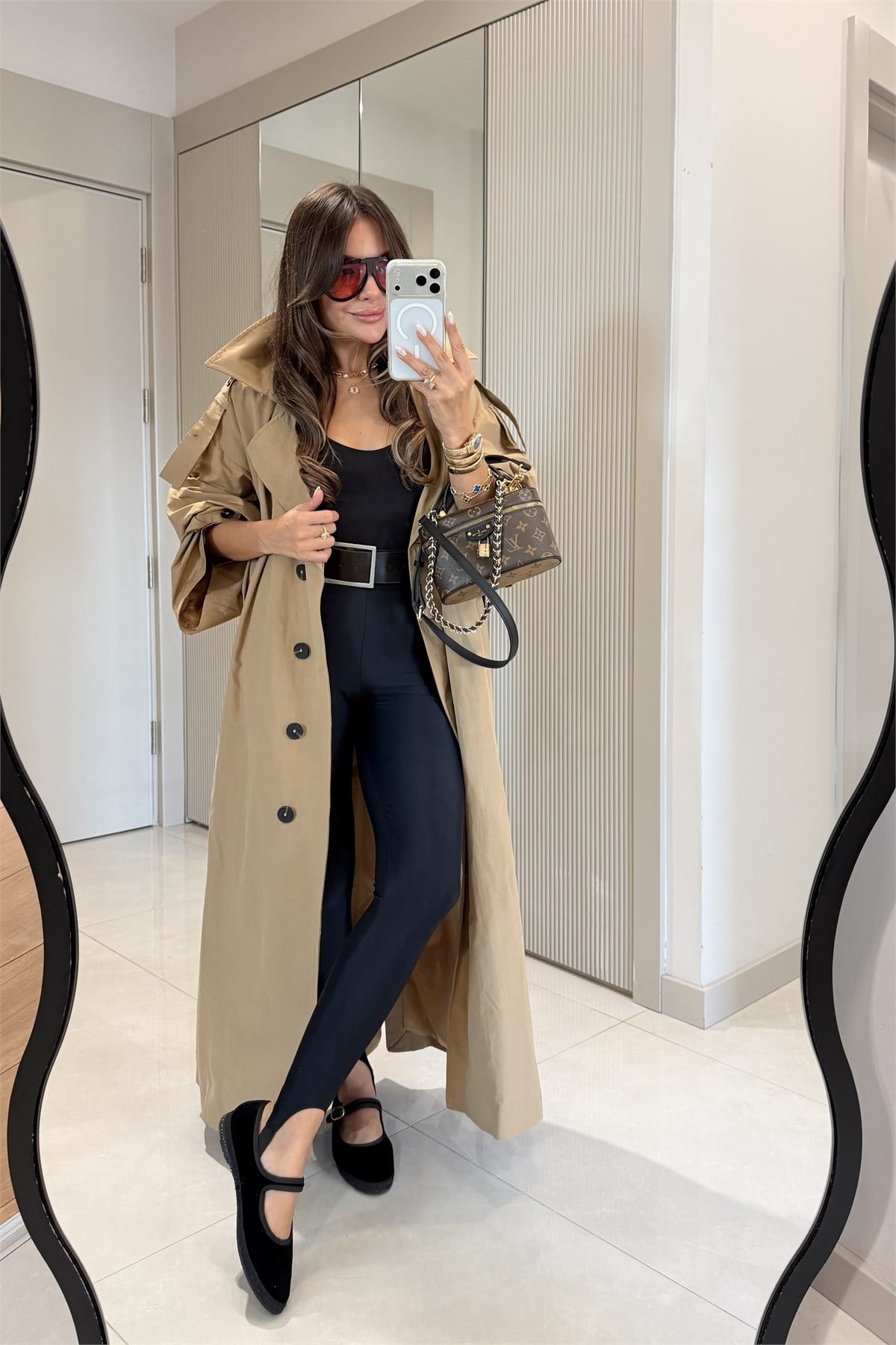 Funs Camel Kuşaklı Premium Oversize Trenç