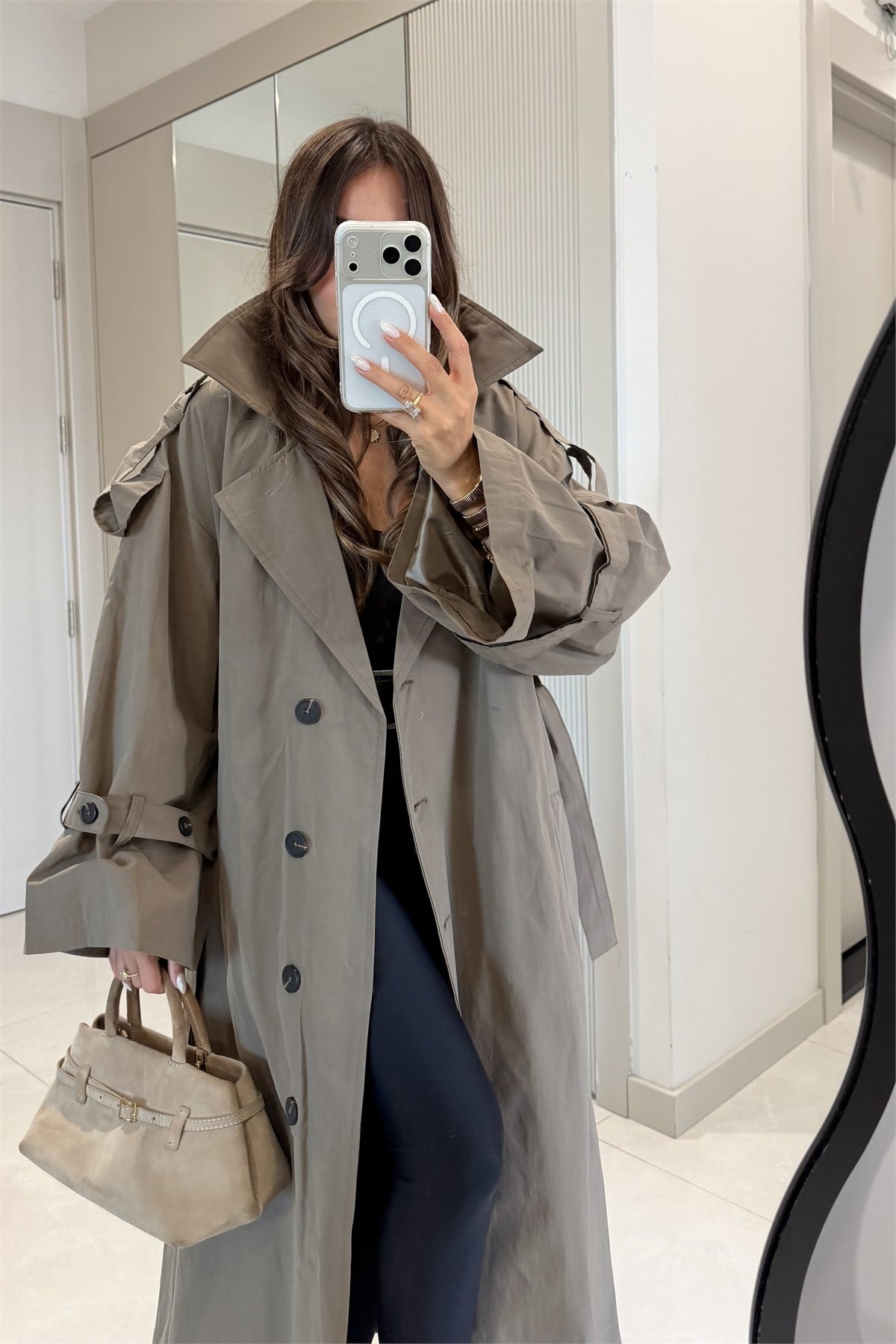 Funs Haki Kuşaklı Premium Oversize Trenç