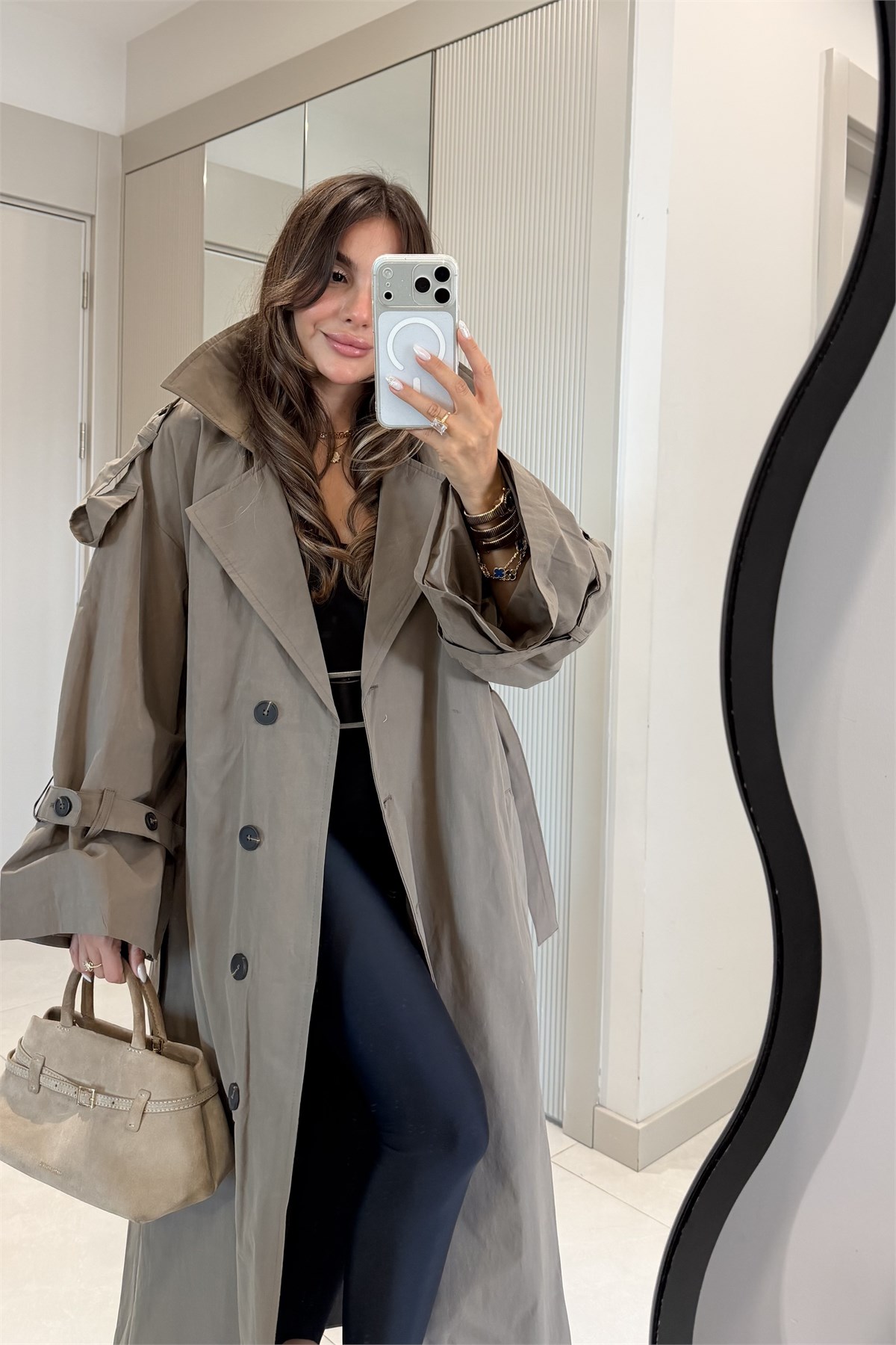 Funs Haki Kuşaklı Premium Oversize Trenç