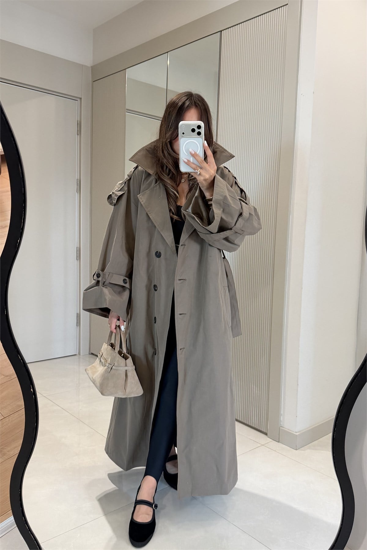 Funs Haki Kuşaklı Premium Oversize Trenç