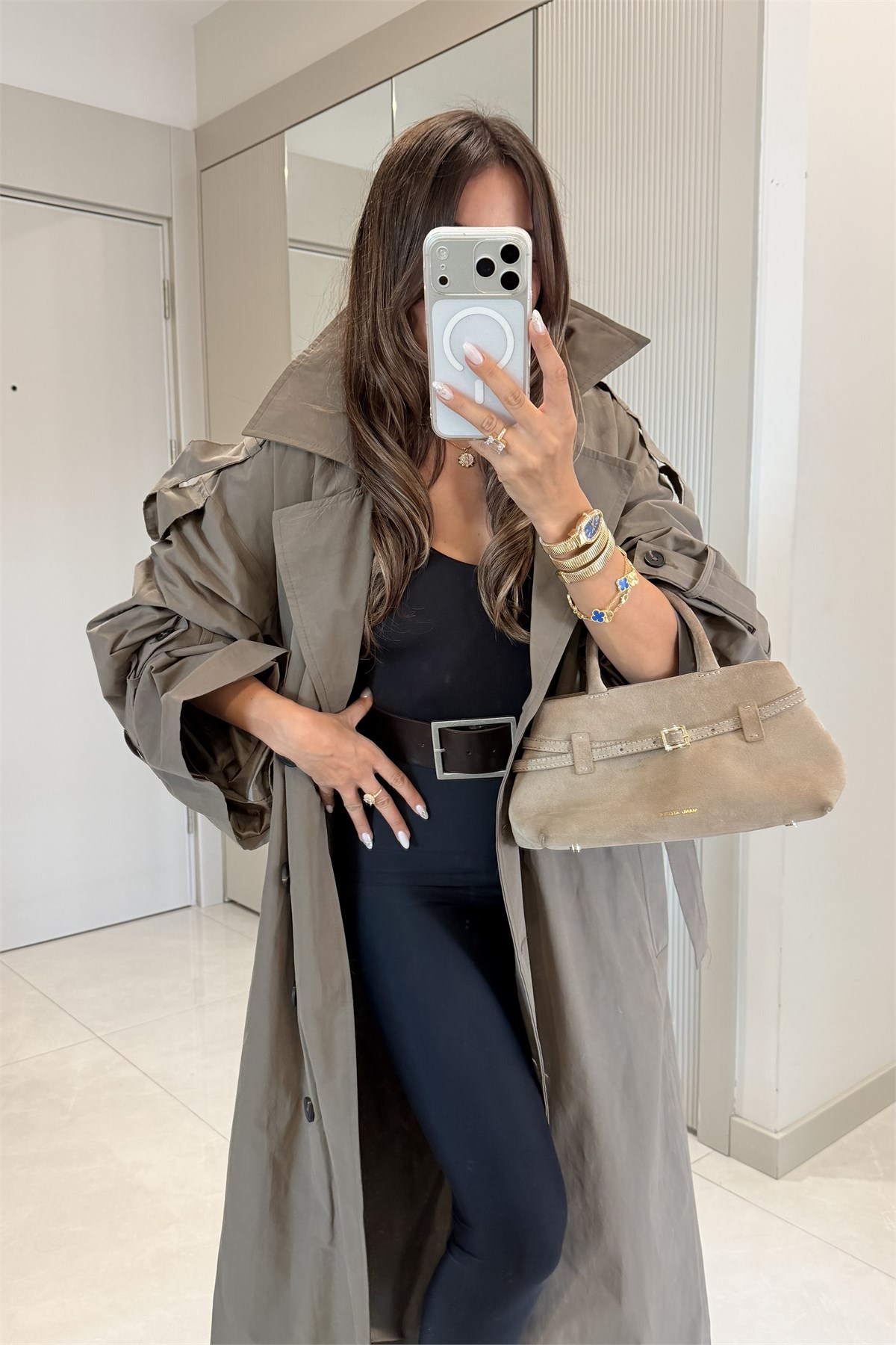 Funs Haki Kuşaklı Premium Oversize Trenç