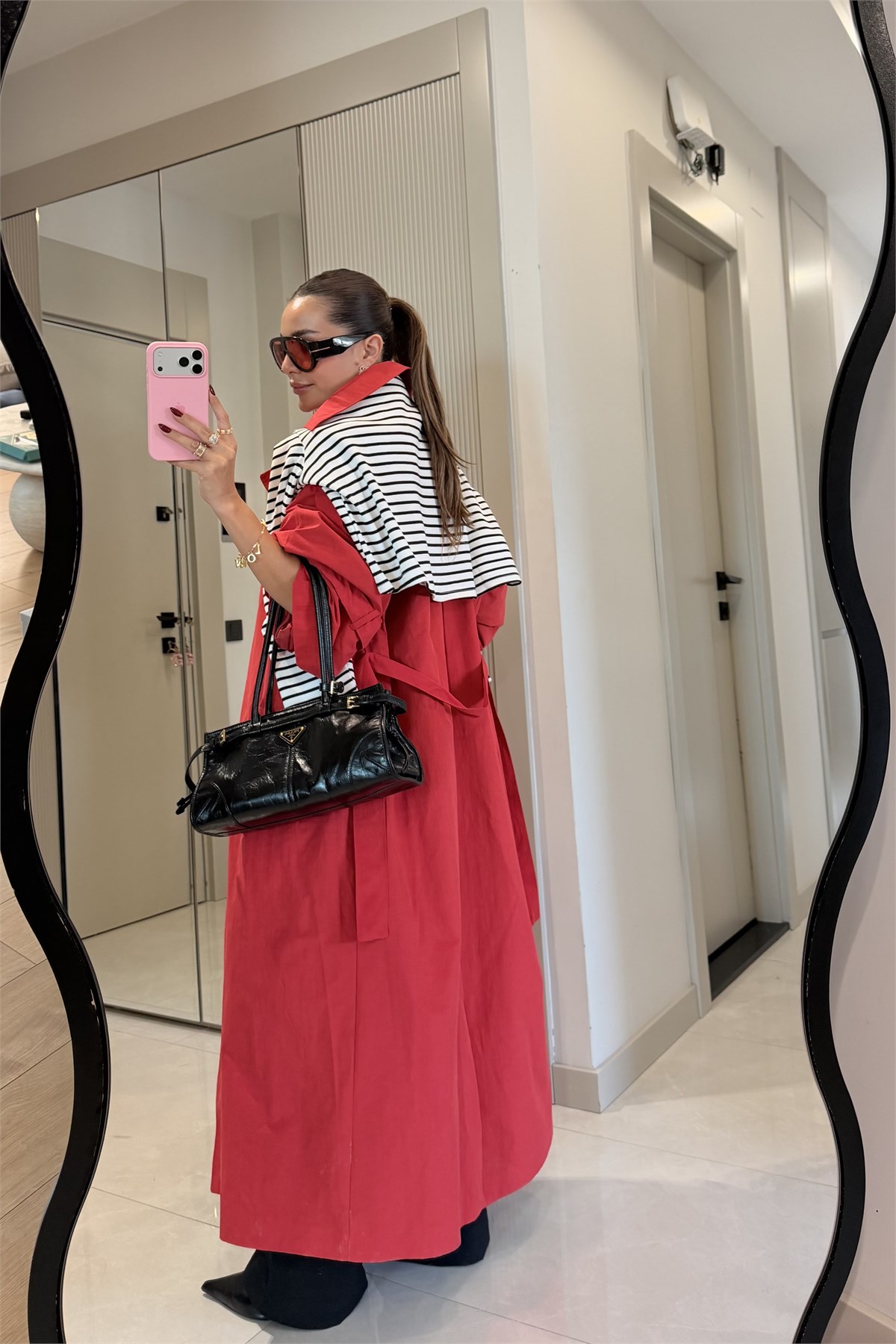 Funs Kırmızı Kuşaklı Premium Oversize Trenç