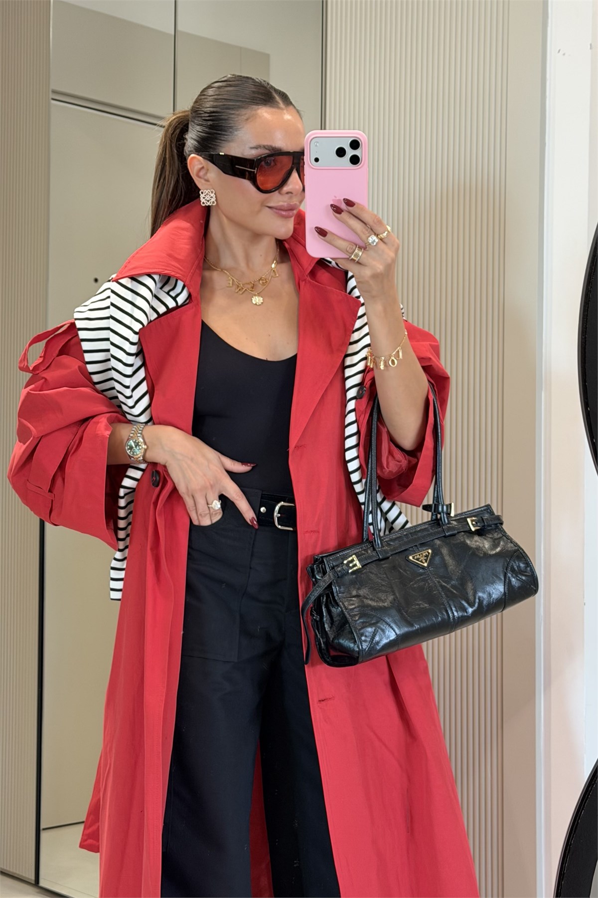 Funs Kırmızı Kuşaklı Premium Oversize Trenç