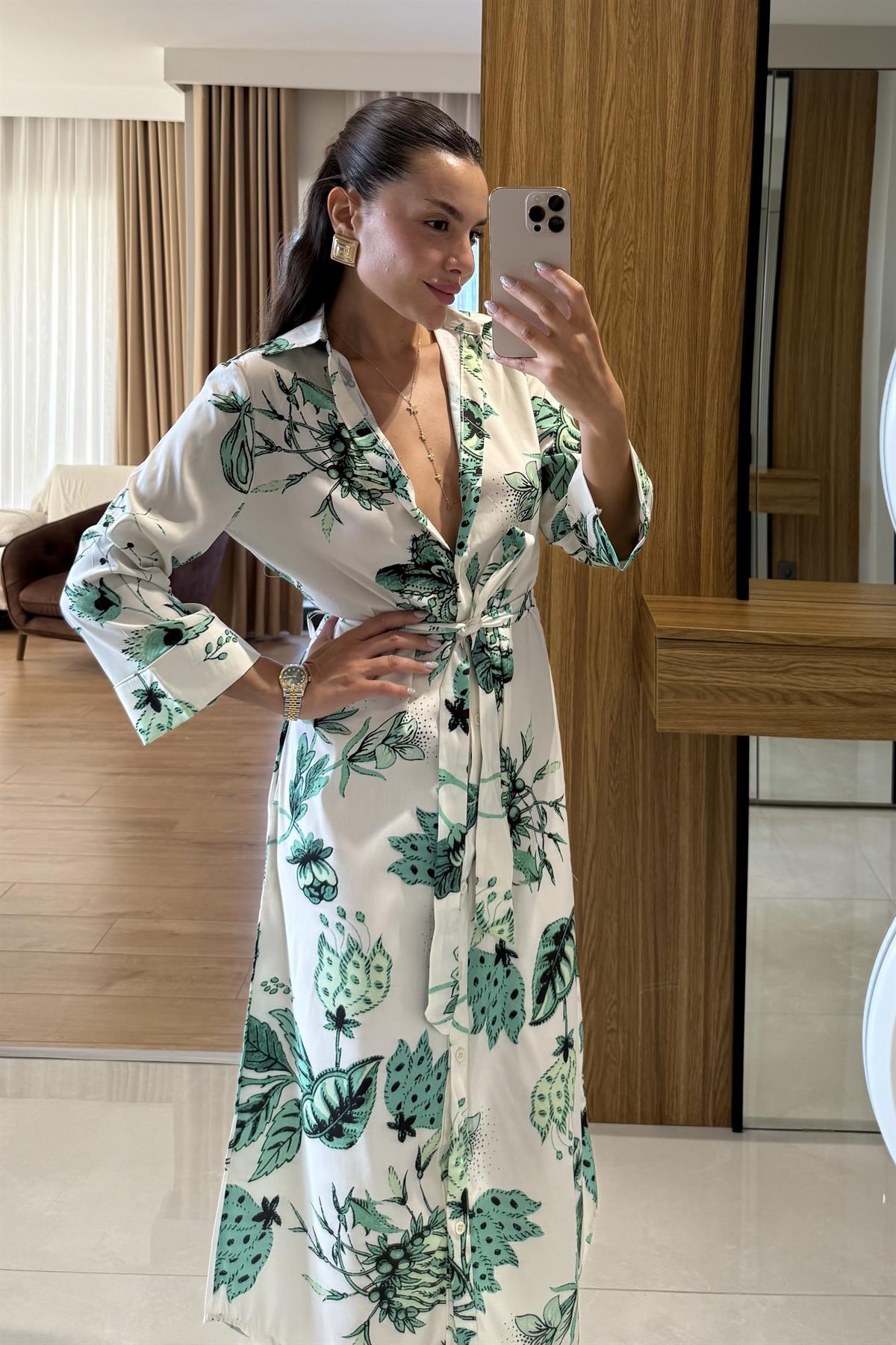 Furia Yeşil Çiçek Desenli Belden Bağlamalı Elbise