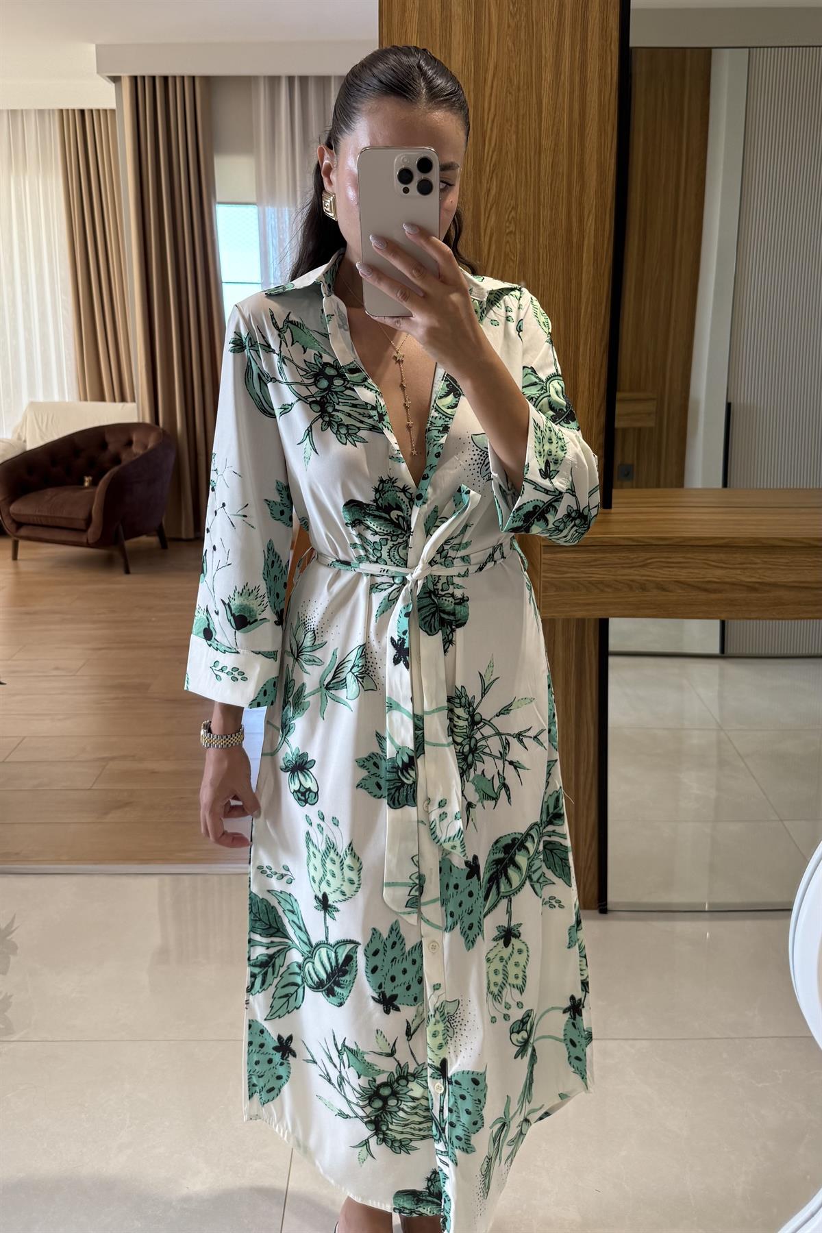 Furia Yeşil Çiçek Desenli Belden Bağlamalı Elbise