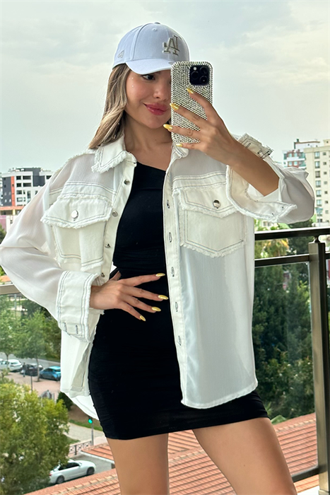 Gabardin garnili şifon gömlek - Beyaz