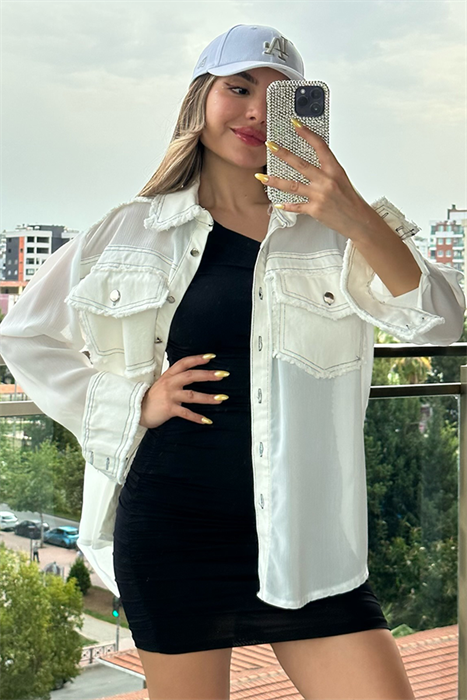Gabardin garnili şifon gömlek - Beyaz