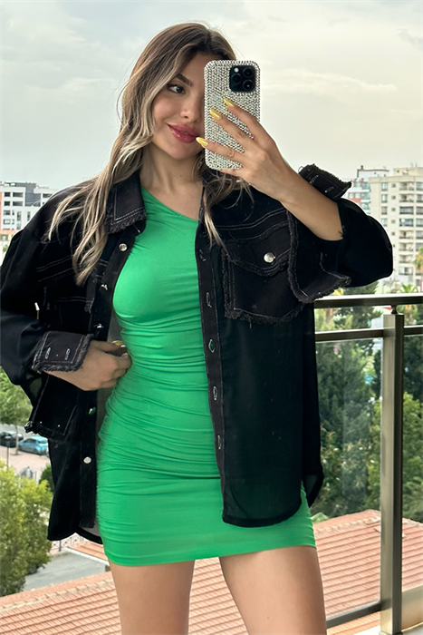 Gabardin garnili şifon gömlek - Siyah