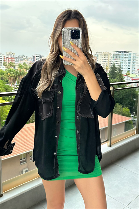 Gabardin garnili şifon gömlek - Siyah