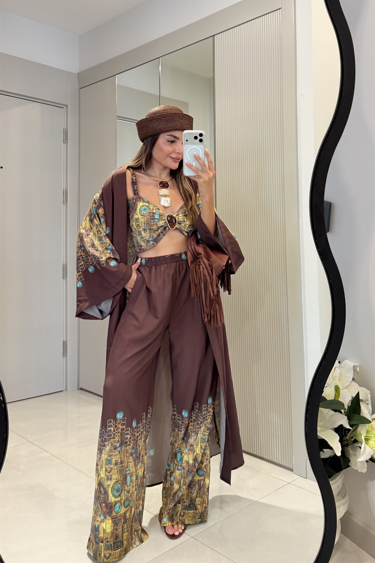 Gabriel Bohem Desenli Üçlü Kimono Pantolon Büstiyer Takım