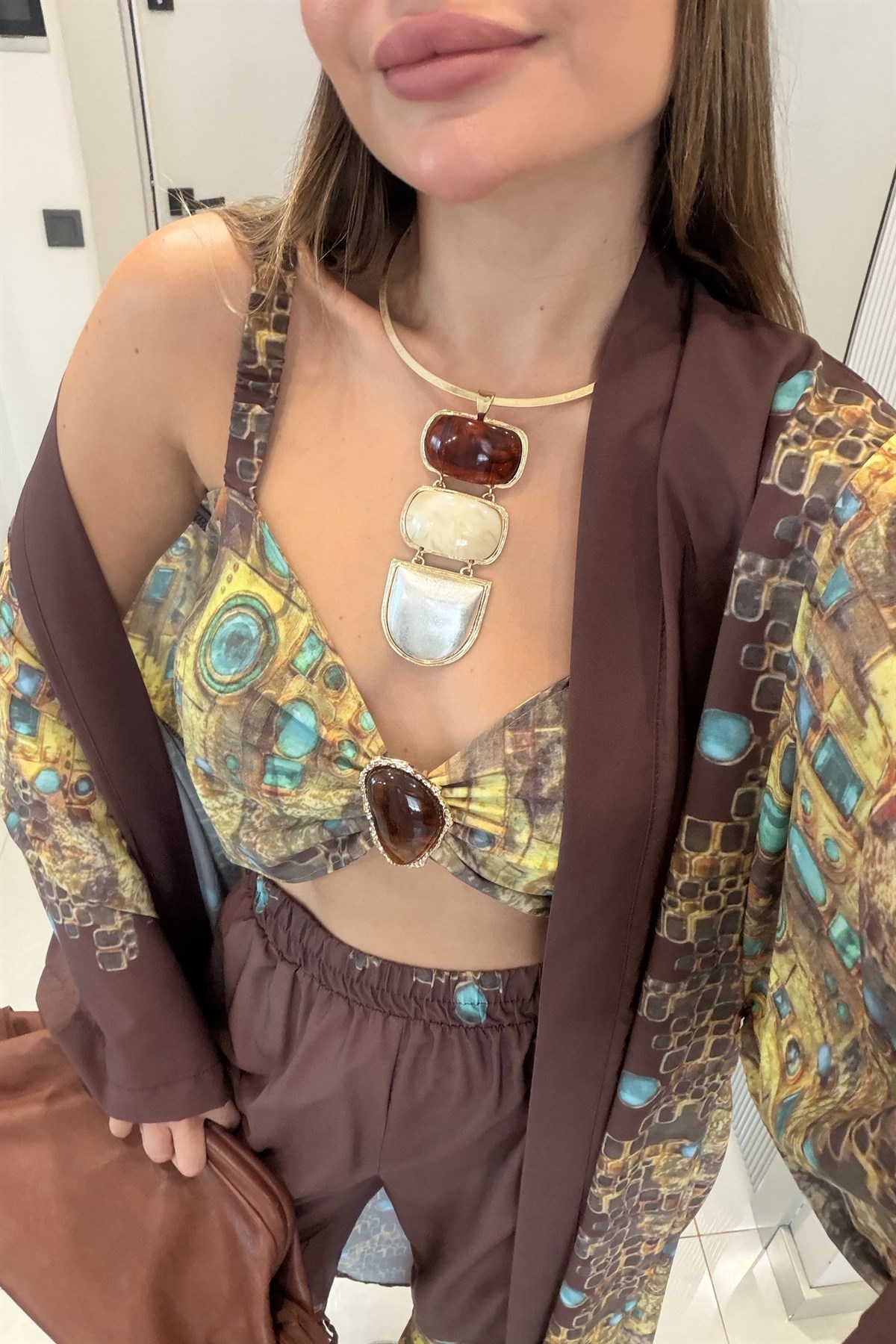 Gabriel Bohem Desenli Üçlü Kimono Pantolon Büstiyer Takım