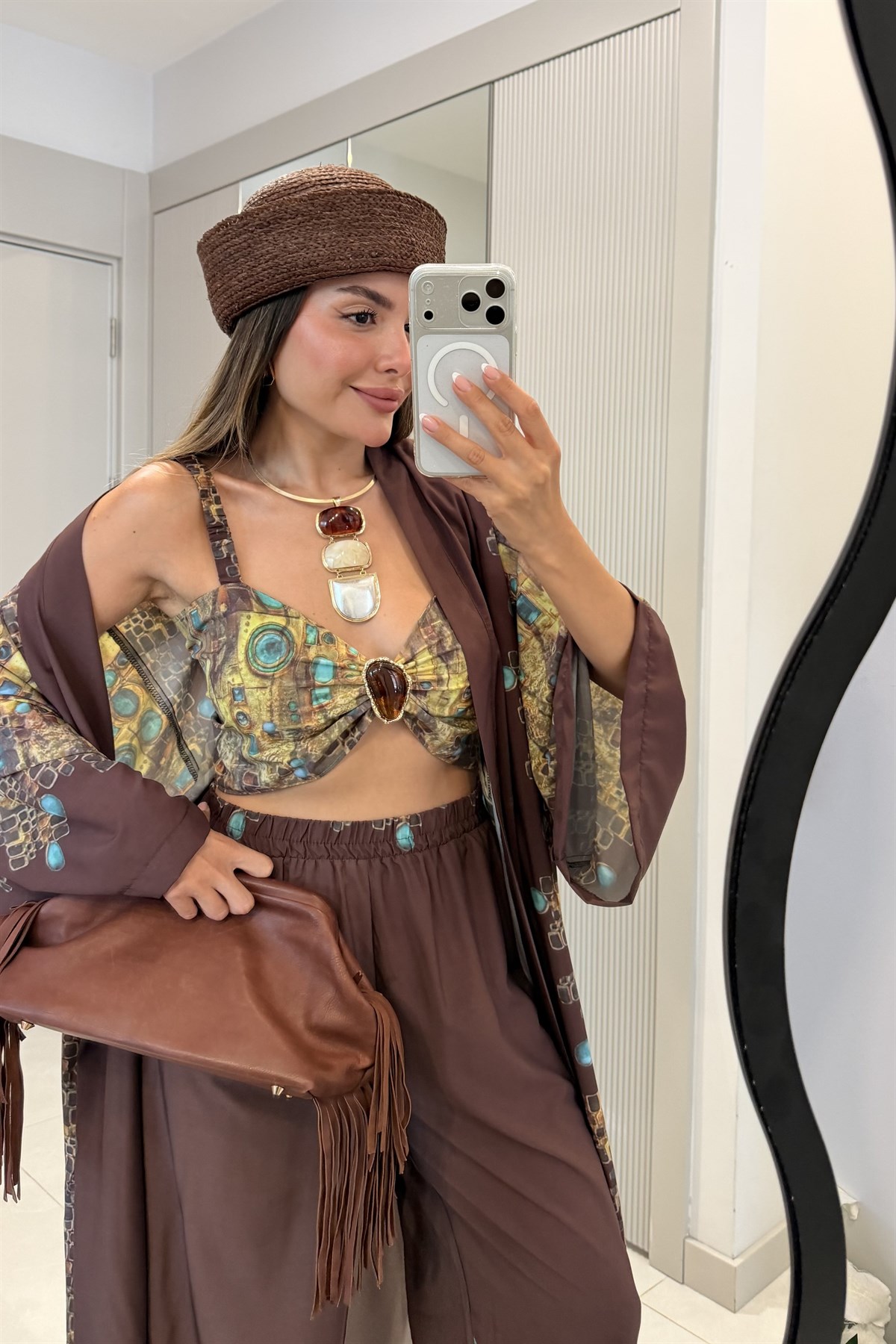 Gabriel Bohem Desenli Üçlü Kimono Pantolon Büstiyer Takım