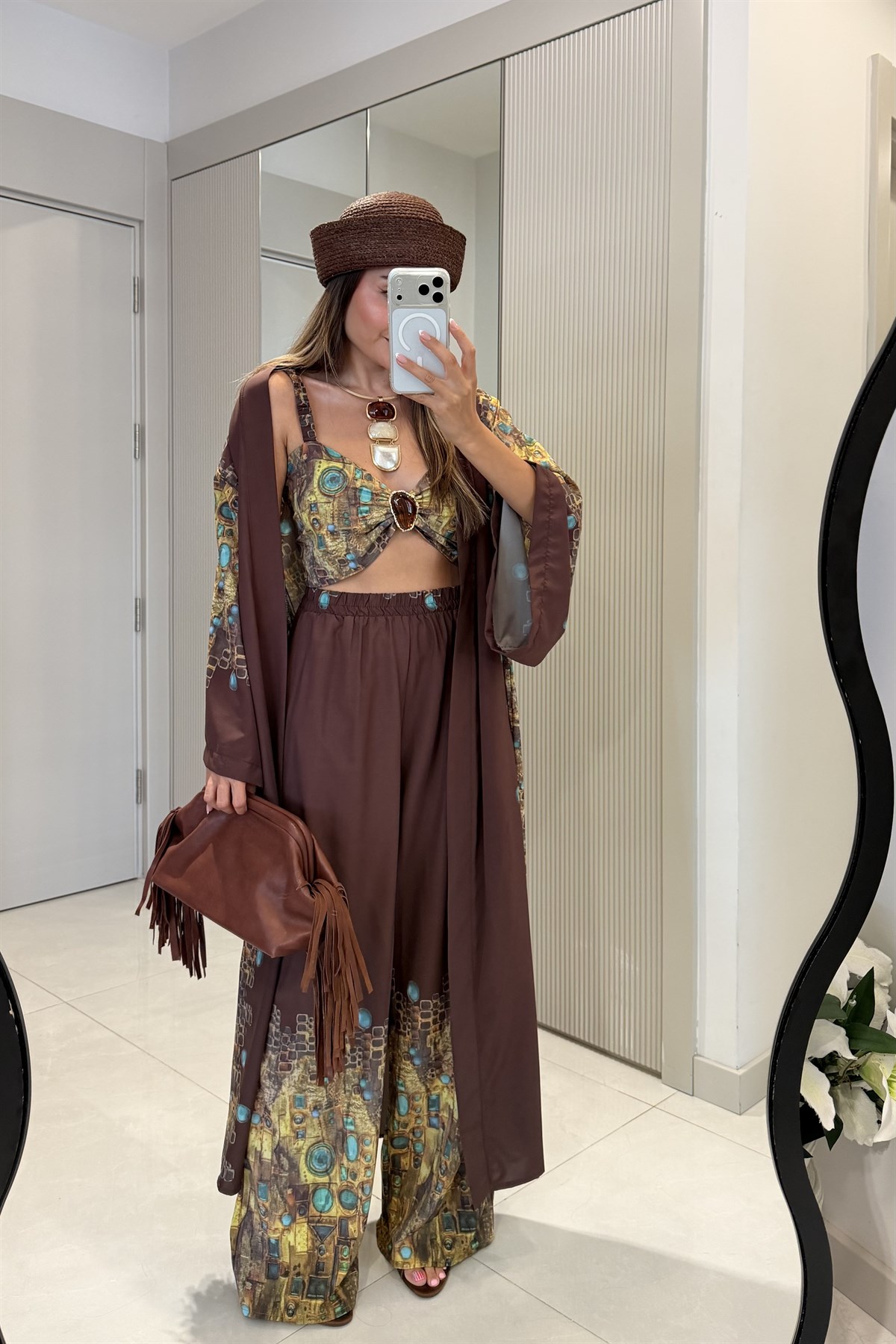 Gabriel Bohem Desenli Üçlü Kimono Pantolon Büstiyer Takım