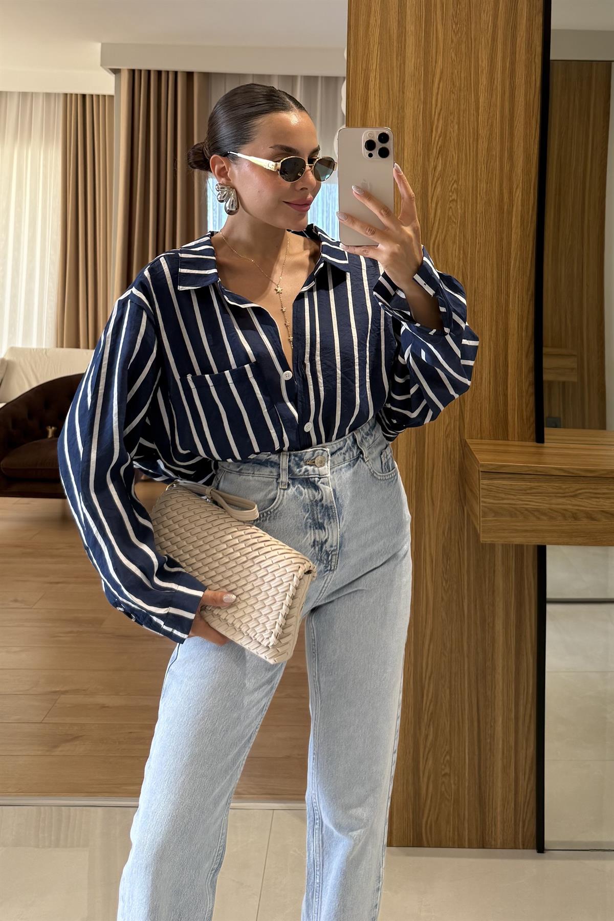 Gabriel Lacivert Şeritli Gömlek 