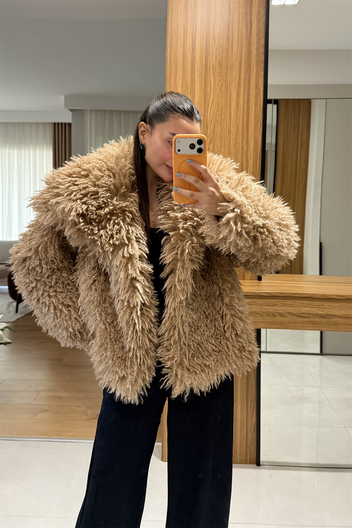 Gaia Camel Saçaklı Yakalı Kürk