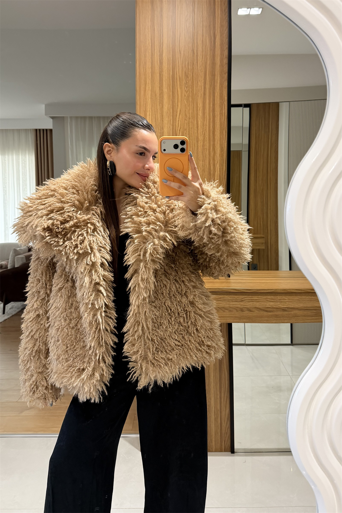 Gaia Camel Saçaklı Yakalı Kürk