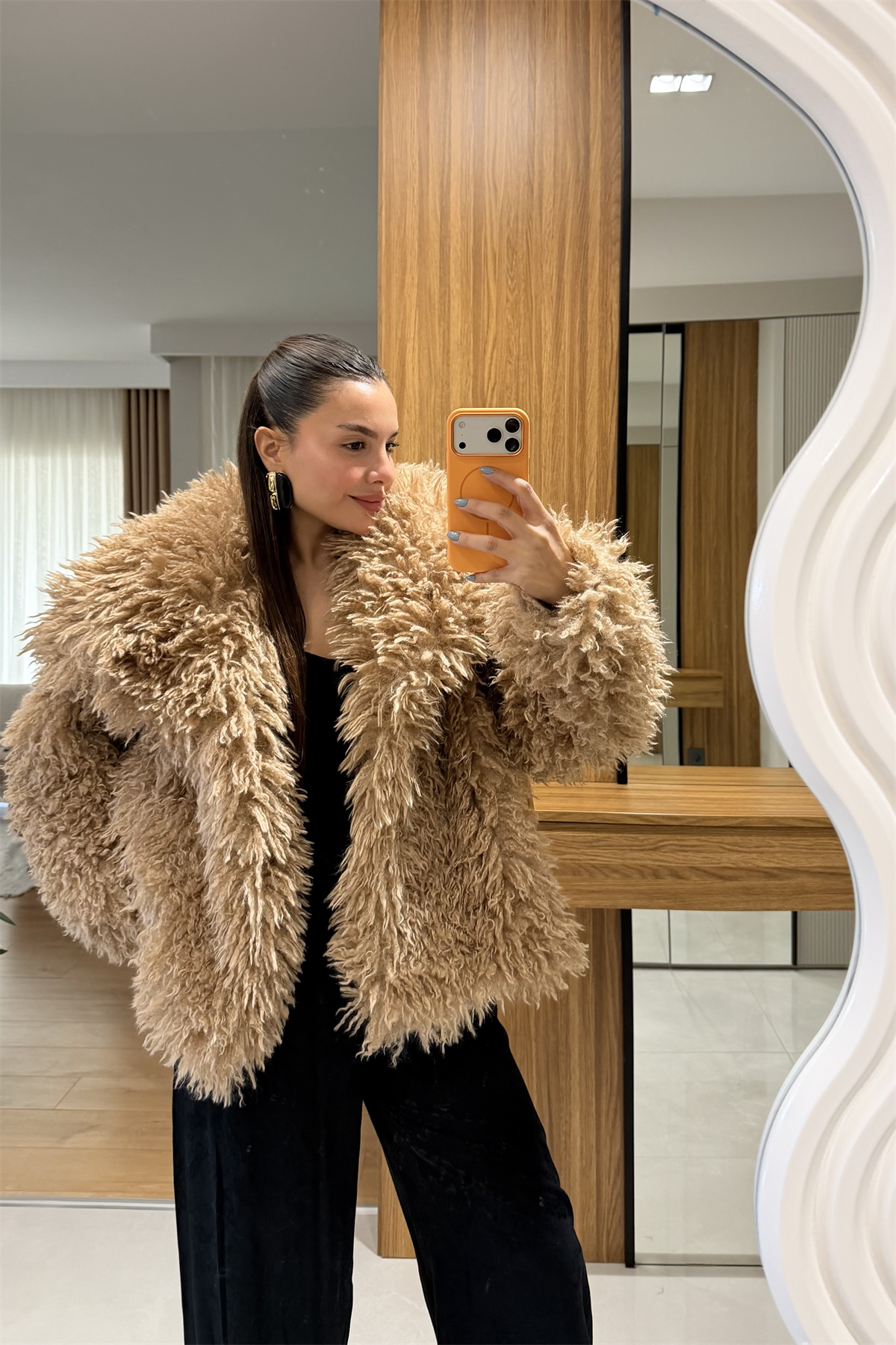 Gaia Camel Saçaklı Yakalı Kürk