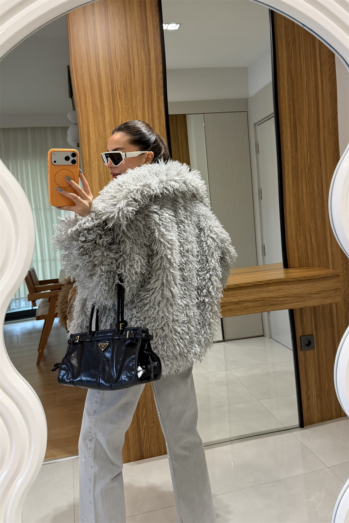 Gaia Gri Saçaklı Yakalı Kürk