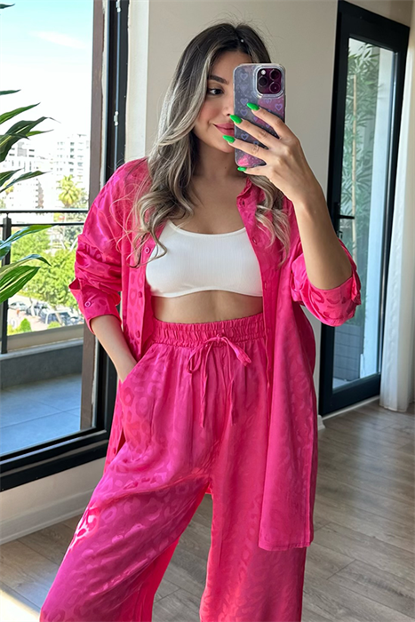 Galia saten dokulu jakarlı takım - Pembe