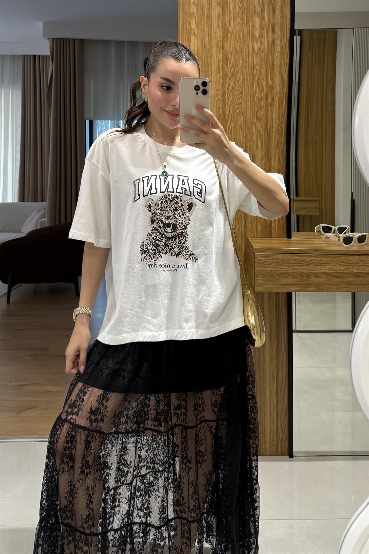 Ganni Beyaz Kaplan Figürlü Tshirt 