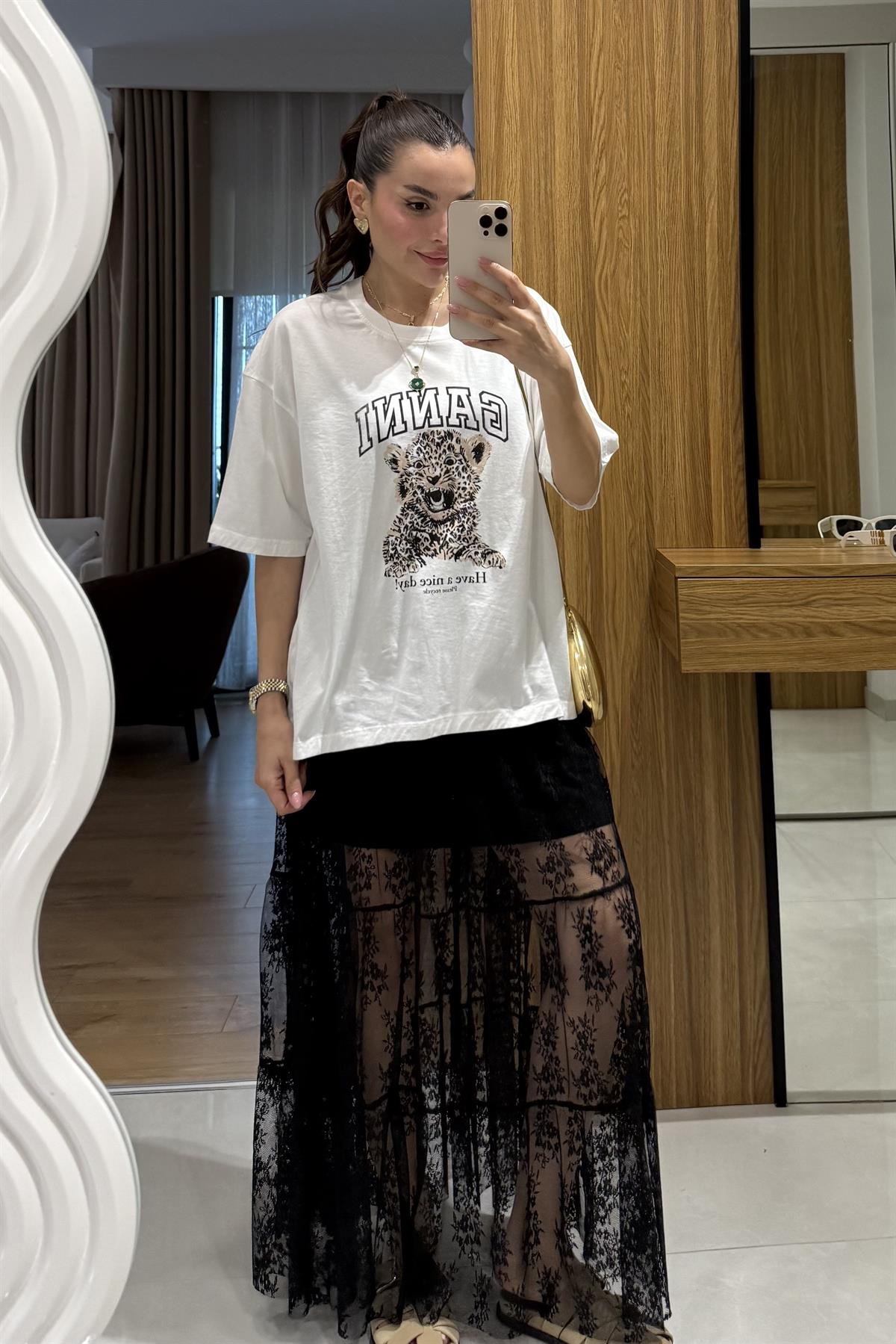 Ganni Beyaz Kaplan Figürlü Tshirt 