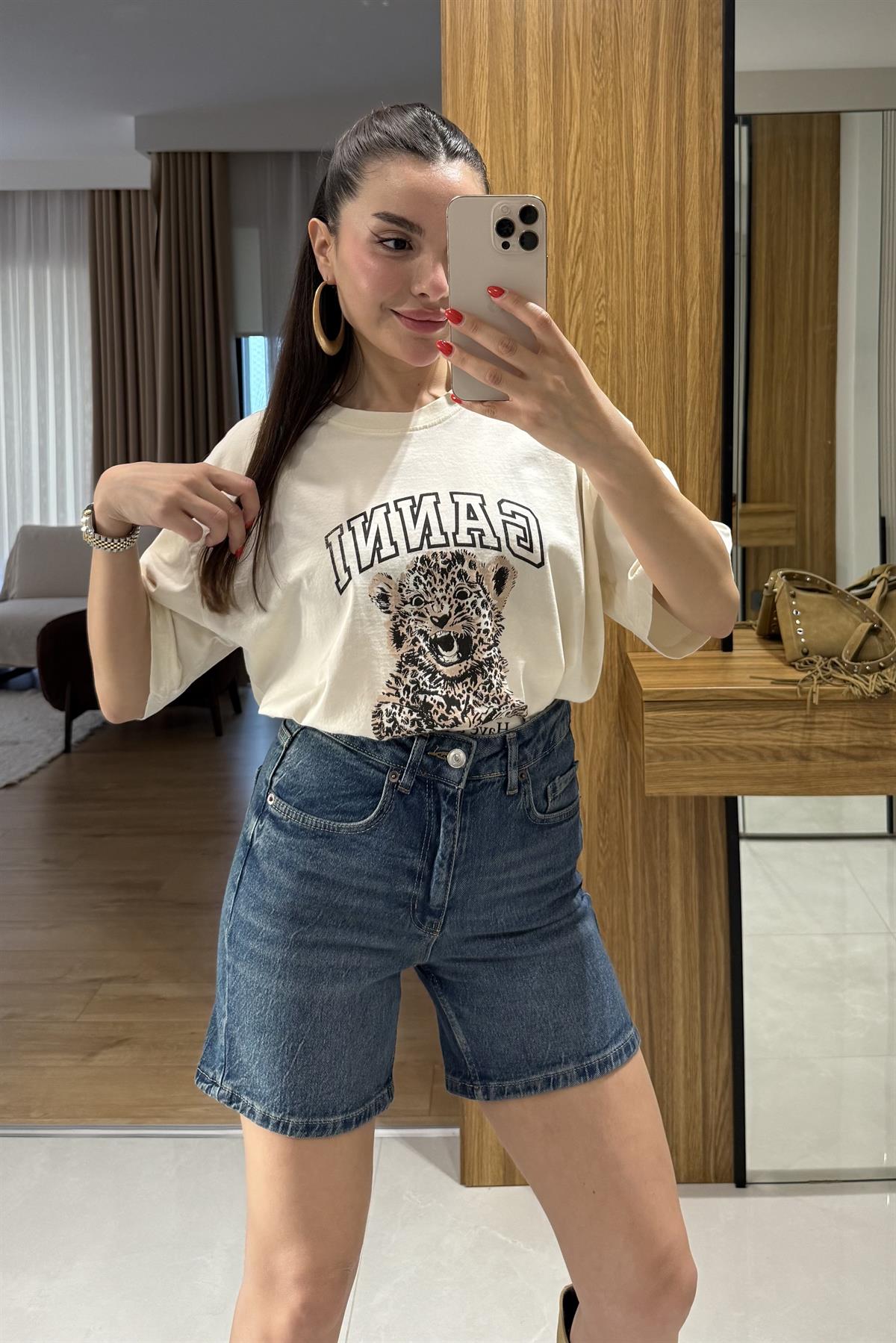 Ganni Ekru Kaplan Figürlü Tshirt 