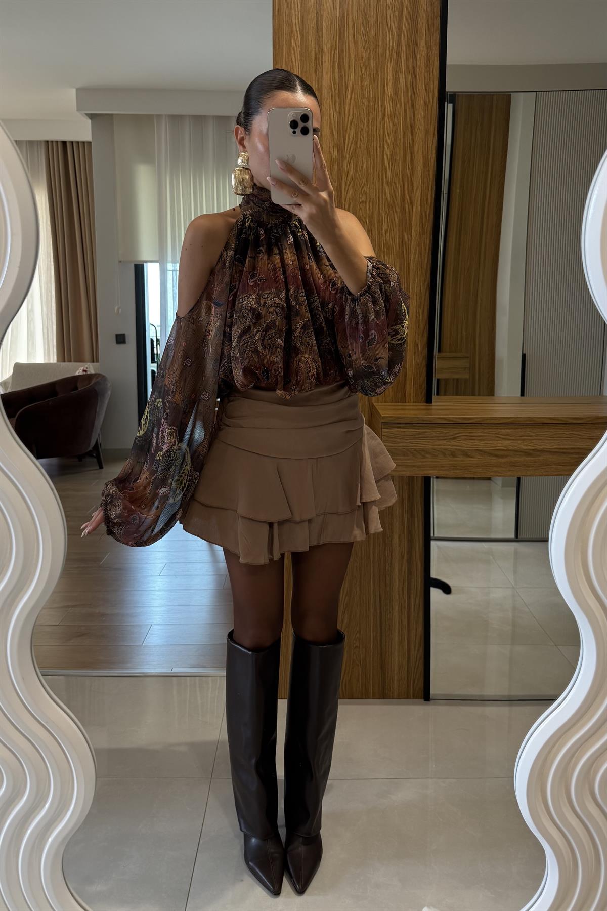 Gareth Kahve Fırfırlı Şort Etek