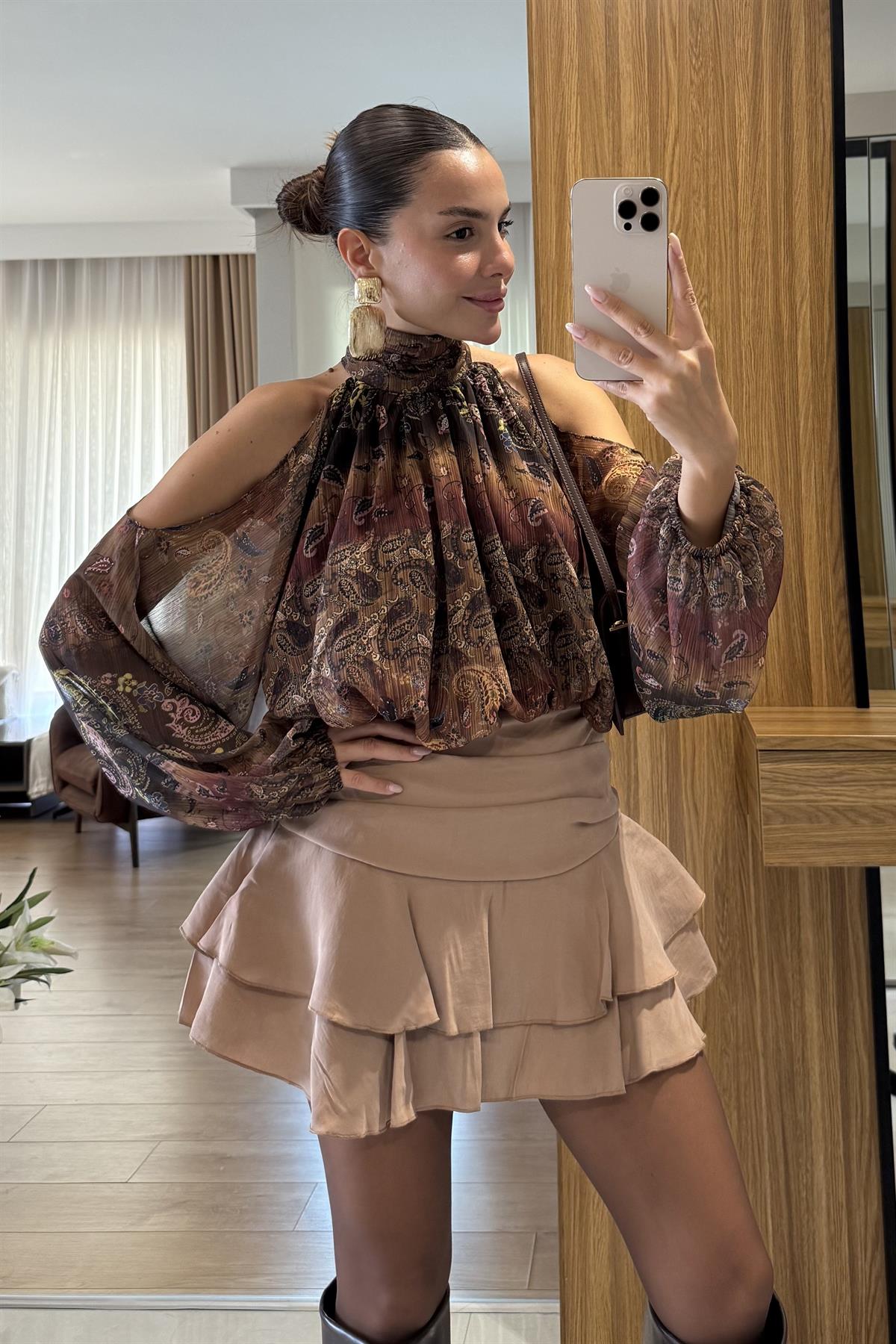 Gareth Kahve Fırfırlı Şort Etek